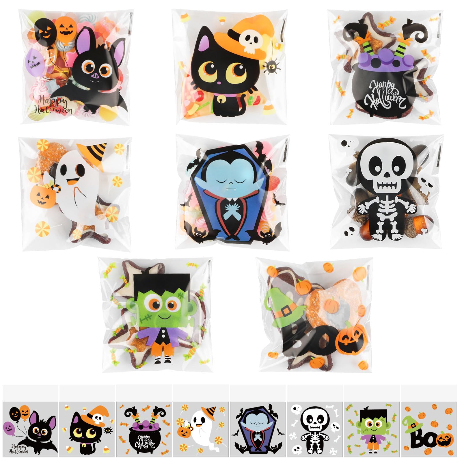 KIMOBER 240pcs Halloween Cellophane Treat Bags - Self Adhesive Clear Cookie & Candy Bags, Self Sealing Transparent Cello Goodie Bags for Halloween Party Favors, Trick or Treat, School Events & Gift Wrapping