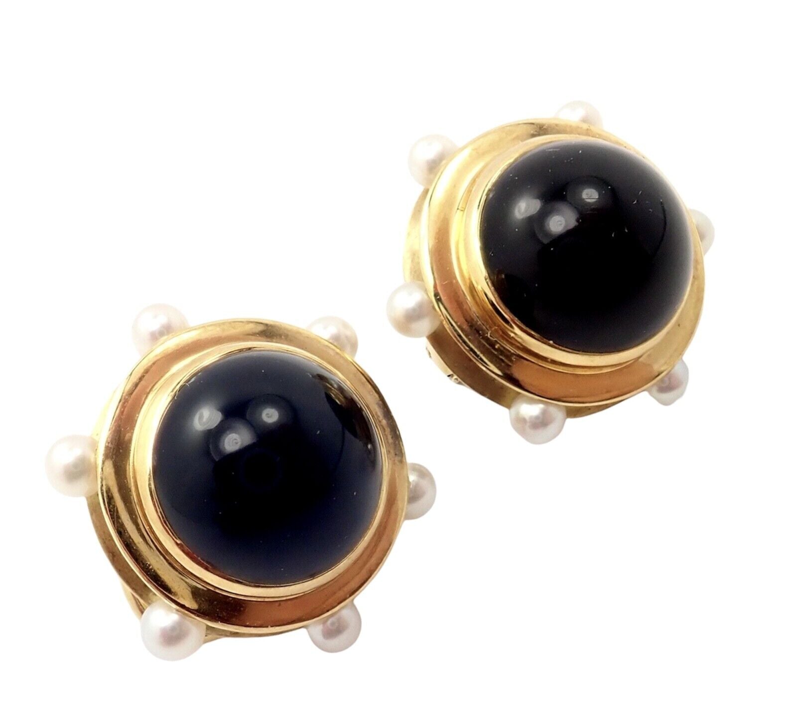 Vintage Authentic Tiffany & Co. 18k Yellow Gold Pearl & Onyx Earrings - Rare Luxury Jewelry for Women, Elegant Gift for Anniversary, Wedding & Special Occasions