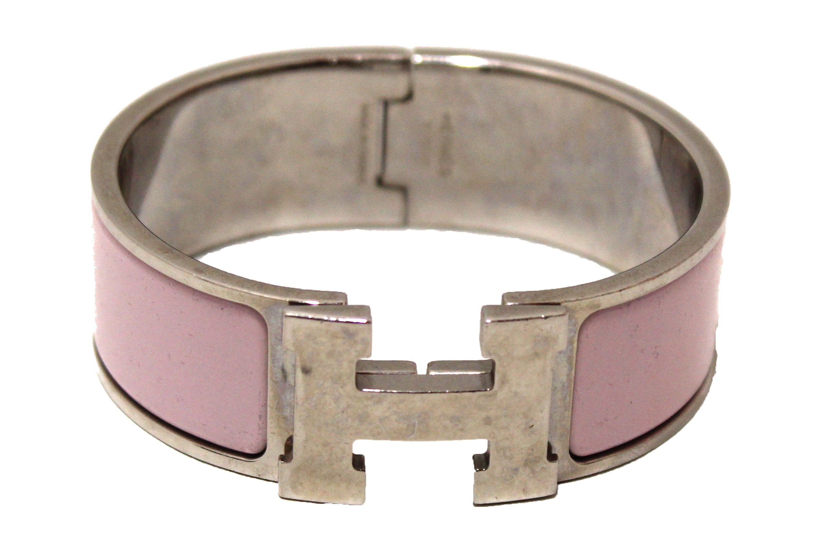 Authentic Hermes Rose Candeur Enamel Silver Plated Wide Clic Clac H PM Bangle Bracelet - Luxury Fashion Jewelry for Women, Perfect Gift for Birthday, Anniversary & Special Occasions