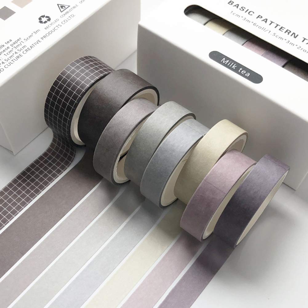 8 Rolls Washi Masking Tape Set - Basic Solid Colors (Brown, Coffee, Plaid, Grid) - Decorative Adhesive Tapes for Art, Craft, Journal, Scrapbook, Planner, DIY, Album, Calendar, Diary - Perfect for Gift Wrapping, Home Decor & School Projects
