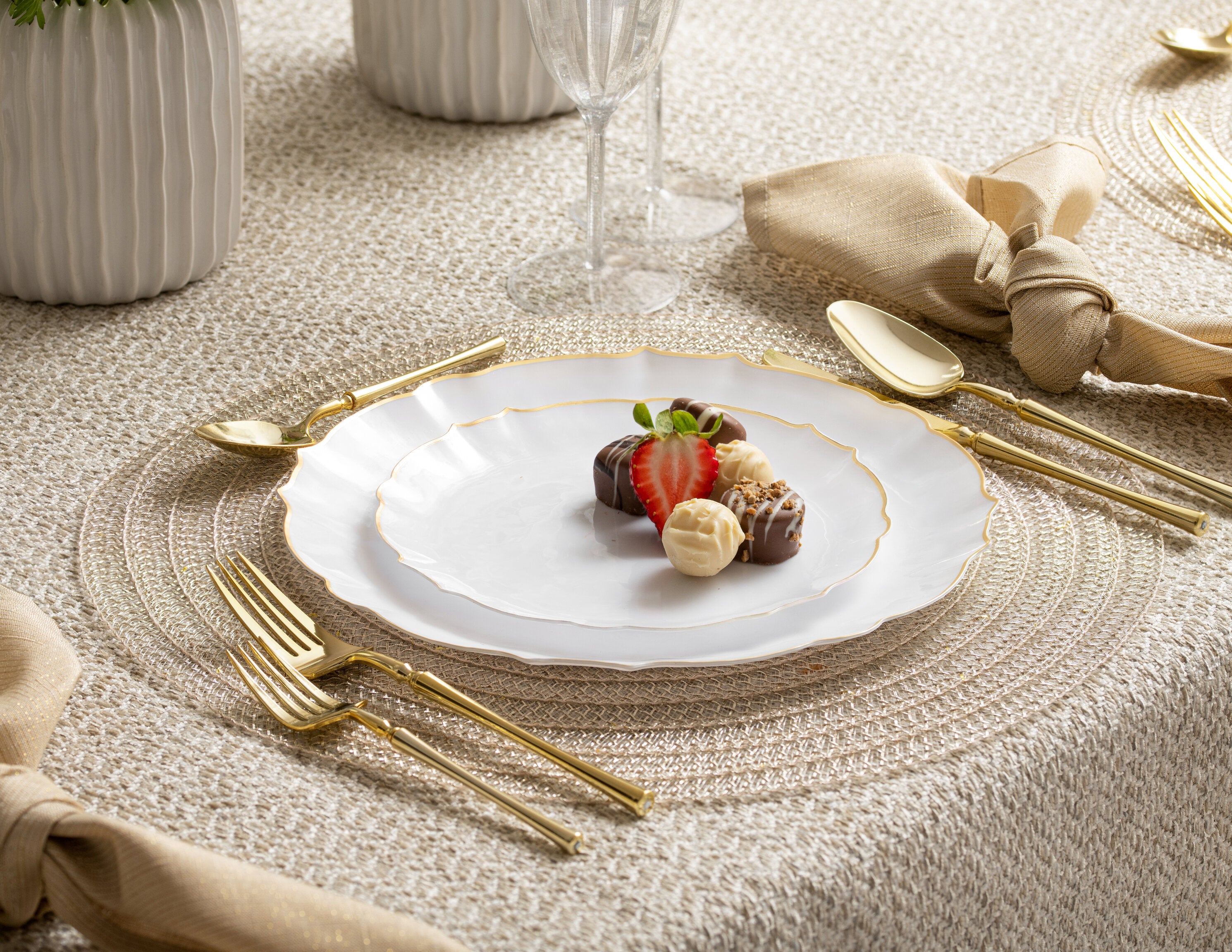 32-Piece White and Gold Round Plastic Dinnerware Set - Elegant Disposable Plates, Forks, Knives & Spoons for 16 Guests - Perfect for Weddings, Parties, and Special Events