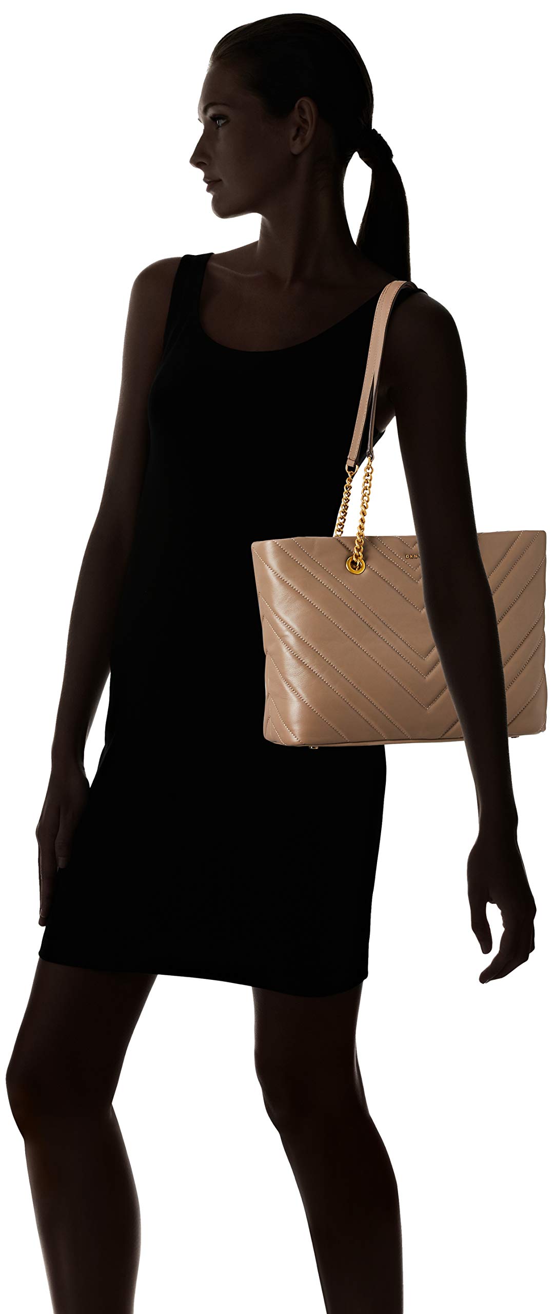 DKNY Vivian Quilted Leather Medium Tote Bag with Chain Shoulder Strap in Dune - Stylish Crossbody Purse for Work, Travel & Everyday Use