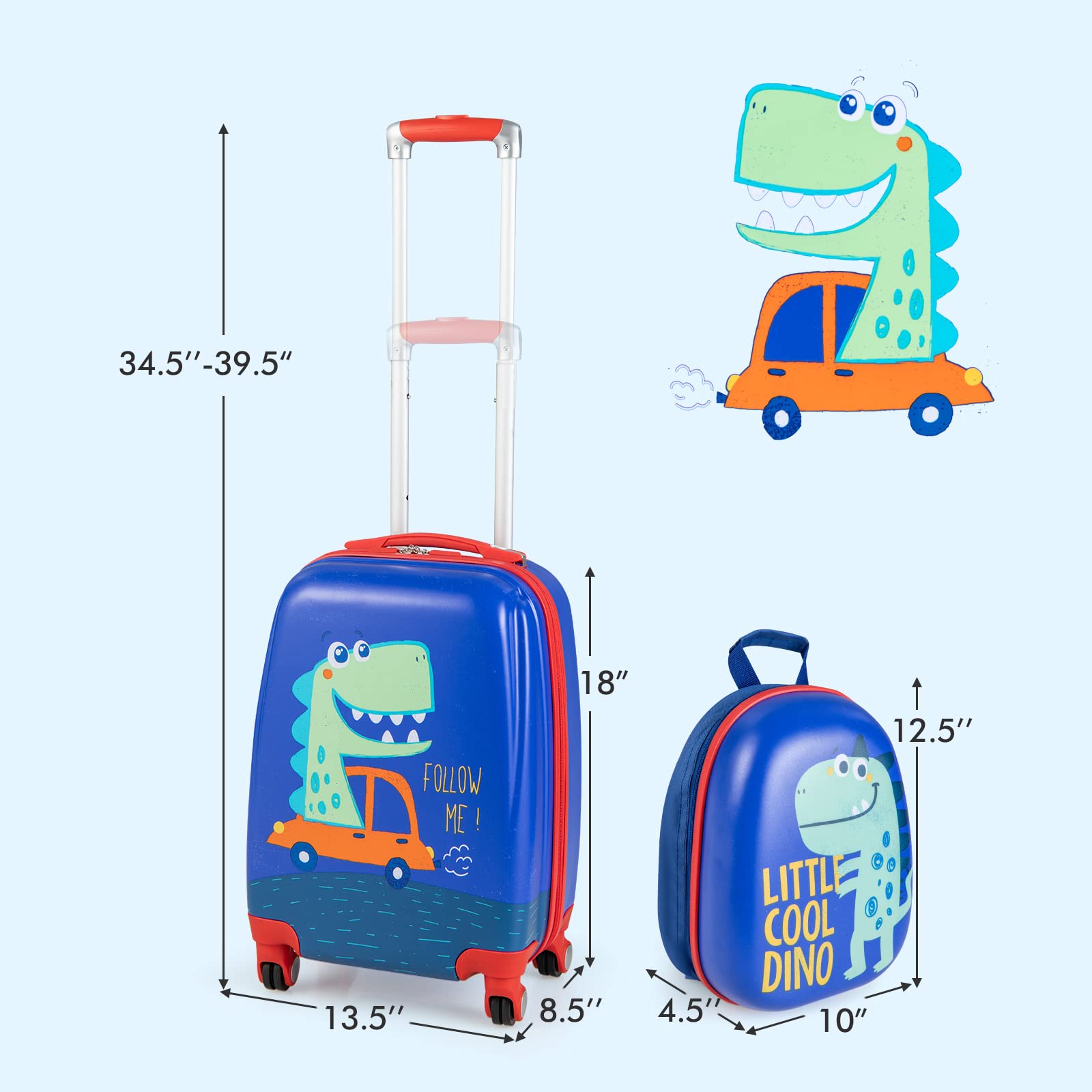 Olakids Kids Luggage Set - 12’’ Travel Backpack & 18’’ Wheeled Carry-On Suitcase for Boys & Girls, 2-Piece Spinner Trolley Case with Dinosaur Design - Perfect for Air Travel, Road Trips & School (Blue Dinosaur)