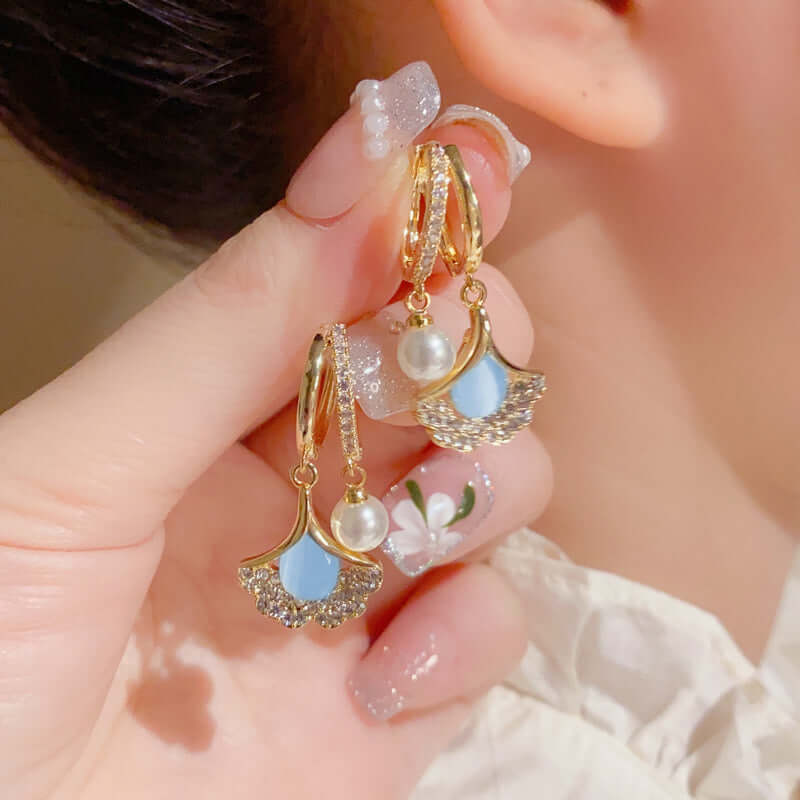 14K Gold Plated Ginkgo Leaf Huggie Earrings with Dangle Pearl Drop | Elegant Pearl Earrings for Women | Perfect for Weddings, Parties & Everyday Wear | A8078
