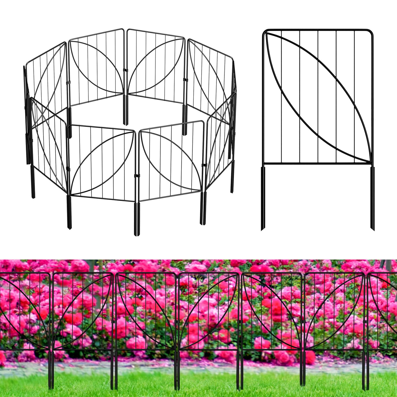 UIRWAY 10 Panels Decorative Garden Fence - 10.8ft Long x 24in Tall Rustproof Metal Rabbit Fence with Leaf Pattern | Outdoor Landscape Edging for Flower Beds, Vegetable Gardens, Yard Borders & Pet Protection