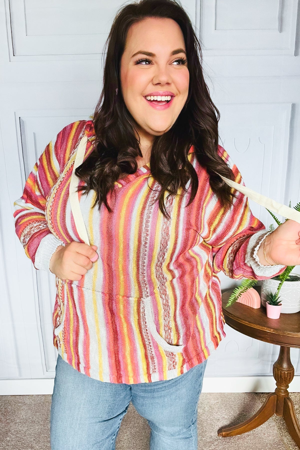 Be Bold Coral & Sienna Stripe Pullover Hoodie with Notched Neck | Women's Casual Sweatshirt for Fall Fashion, Streetwear & Cozy Loungewear