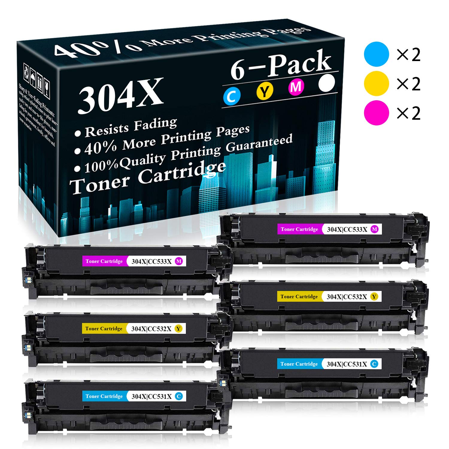 6-Pack Remanufactured Toner Cartridges (2C+2M+2Y) - Compatible with HP Color LaserJet Pro CP2025/CP2025n/CP2025dn/CP2025x & CM2320 Series Printers - High-Quality 304X (CC531X/CC532X/CC533X) Replacement - Perfect for Office Printing & Small Business Use