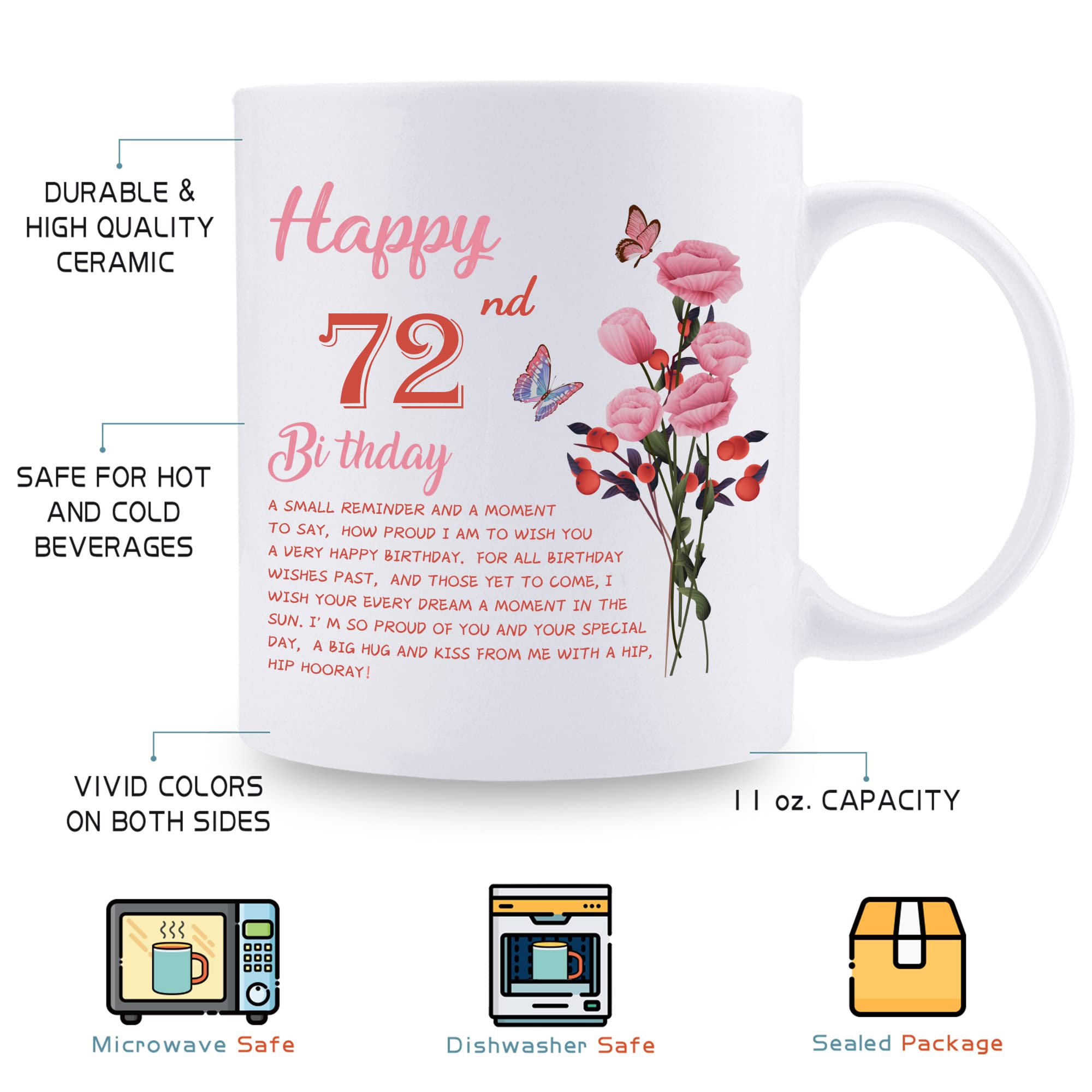 72nd Birthday Gifts for Women - Happy 72nd Birthday Coffee Mug for Grandma, Mom, Friend, Sister, Aunt & Coworker - 11oz Ceramic Tea Cup - Perfect for Birthday Celebrations, Office Use & Thoughtful Surprises