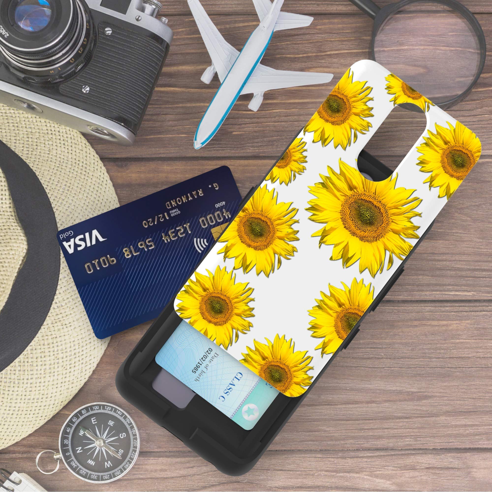LG K40/K12+/Solo LTE Case - Slim Dual Layer Wallet Design with Card Holder & Wireless Charging | Sunflower Pattern | Perfect for Work, Travel, and Everyday Use