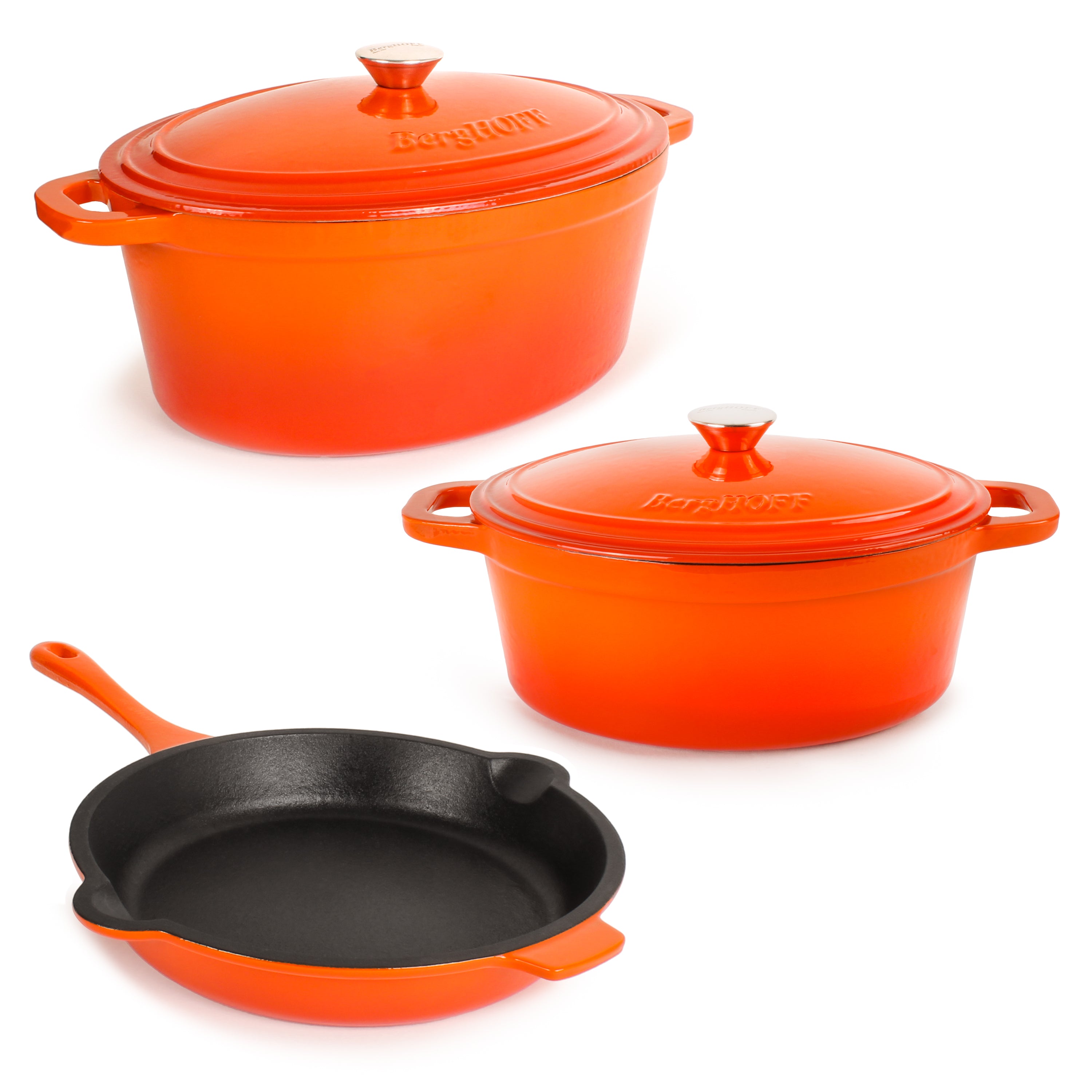 BergHOFF Neo 5-Piece Cast Iron Dutch Oven Set with 10-Inch Fry Pan, 5-Quart & 8-Quart Oval Pots, Orange Enamel Coating - Perfect for Braising, Stewing, Baking & Camping Cooking