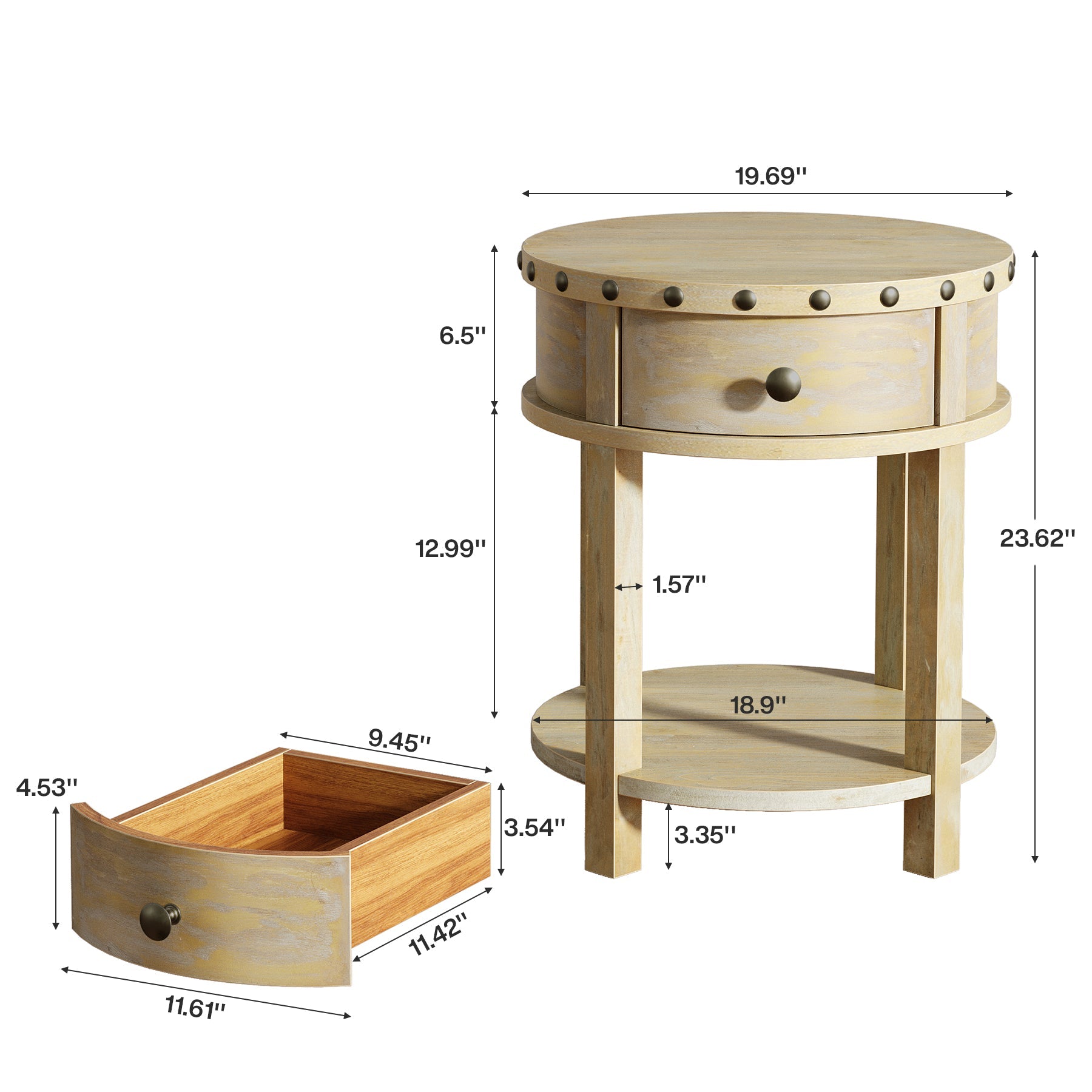 Farmhouse Round Nightstand with Drawer - Solid Wood Bedside Table for Bedroom, Living Room & Guest Room - Rustic Home Decor & Functional Storage Solution
