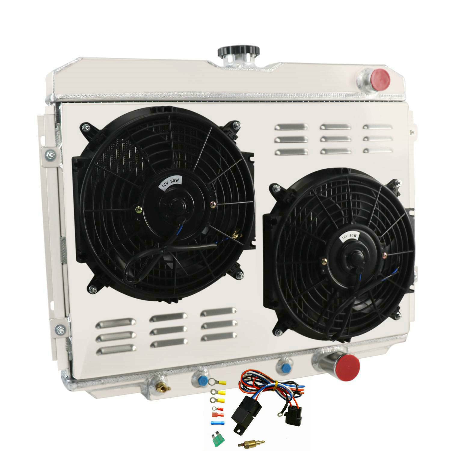 High-Performance 4-Row Aluminum Radiator for 1967-1970 Ford Mustang, Fairlane, Ranchero & Mercury Cougar 4.7L 5.0L 5.8L V8 - Complete Cooling Kit with Shroud, Fan & Relay - Perfect for Classic Car Restoration & Hot Rod Upgrades