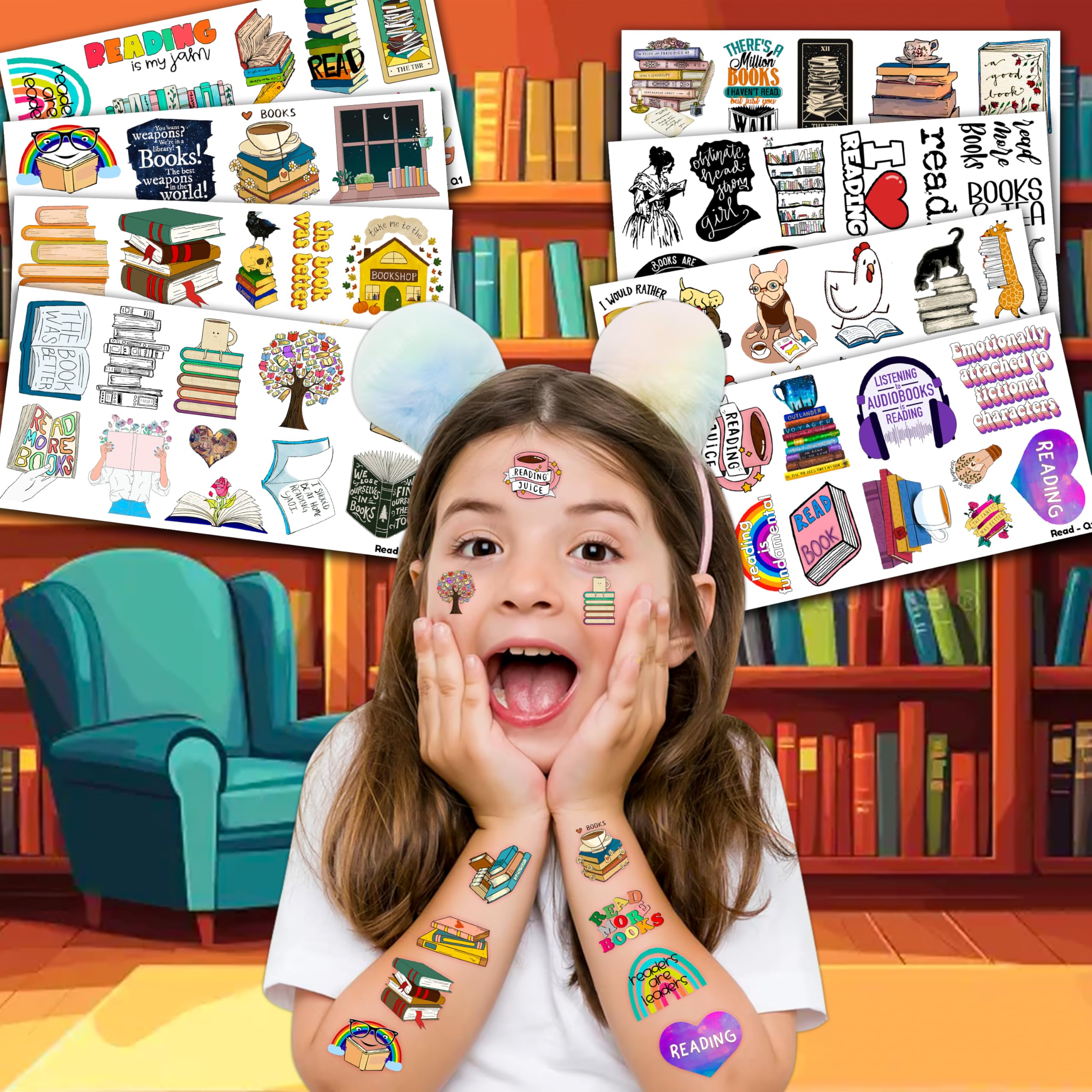 96-Piece Funny Reading Bookish Nerd Temporary Tattoos - Inspirational Stickers for Kids, Girls, Boys & Teachers - Perfect for Birthday Parties, School Rewards & Book-Themed Decorations