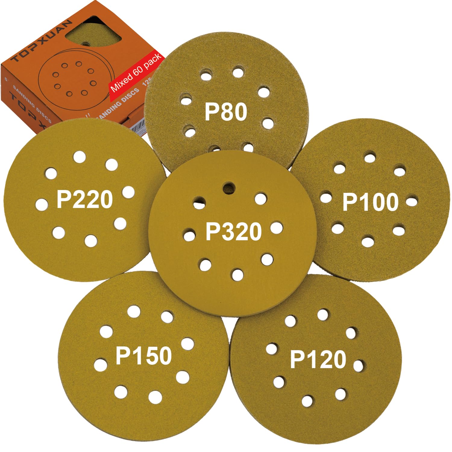 5 Inch 8 Hole Hook & Loop Sanding Discs - 60 Pack Mixed Grit (80/100/120/150/220/320) - Wet/Dry Gold Sandpaper for Orbital Sanders - Perfect for Woodworking, Metal Polishing & DIY Home Projects