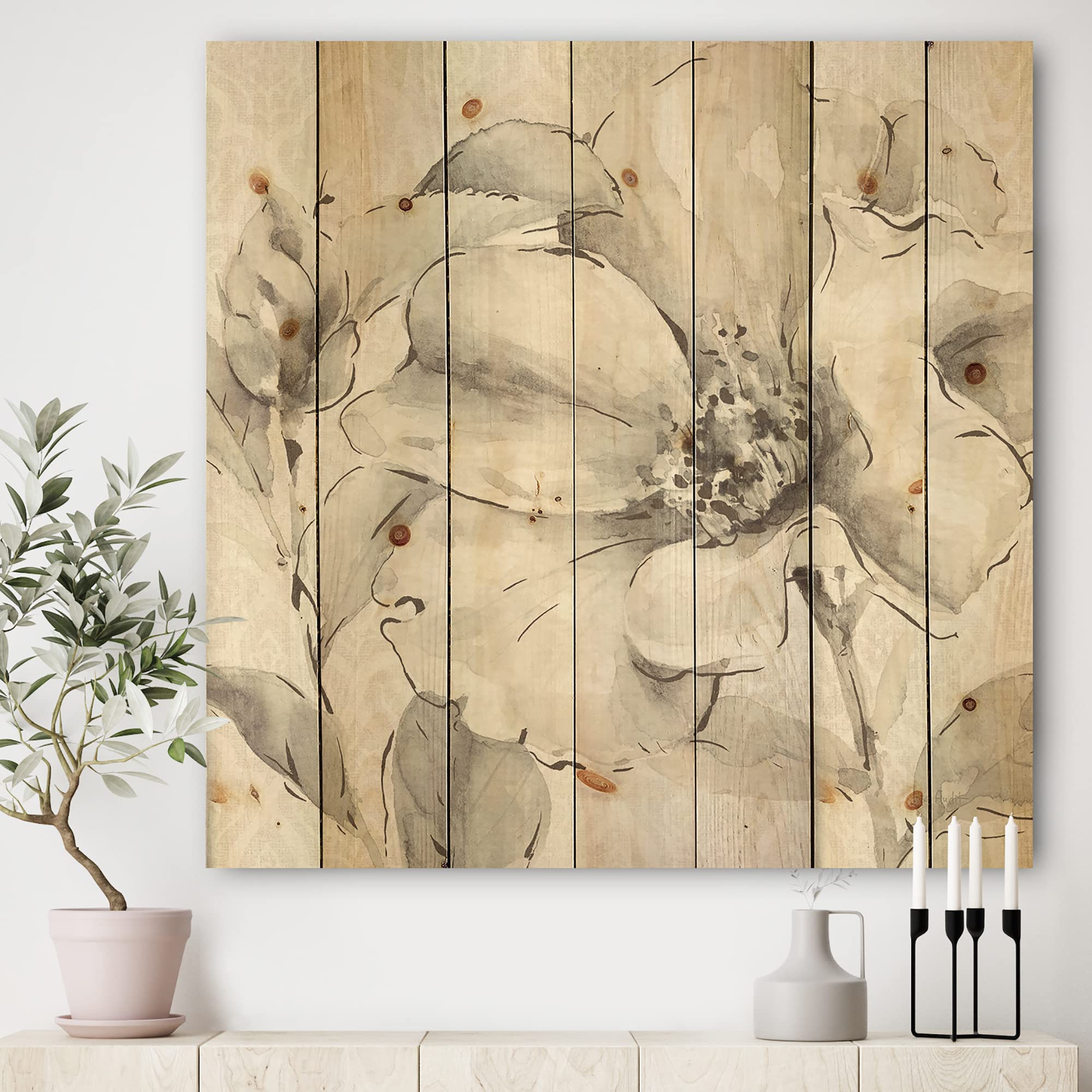 DesignQ Indigold Grey Peonies Traditional Wood Wall Art - Large Floral Pine Wood Wall Decor Panel for Living Room, Bedroom & Office Decor