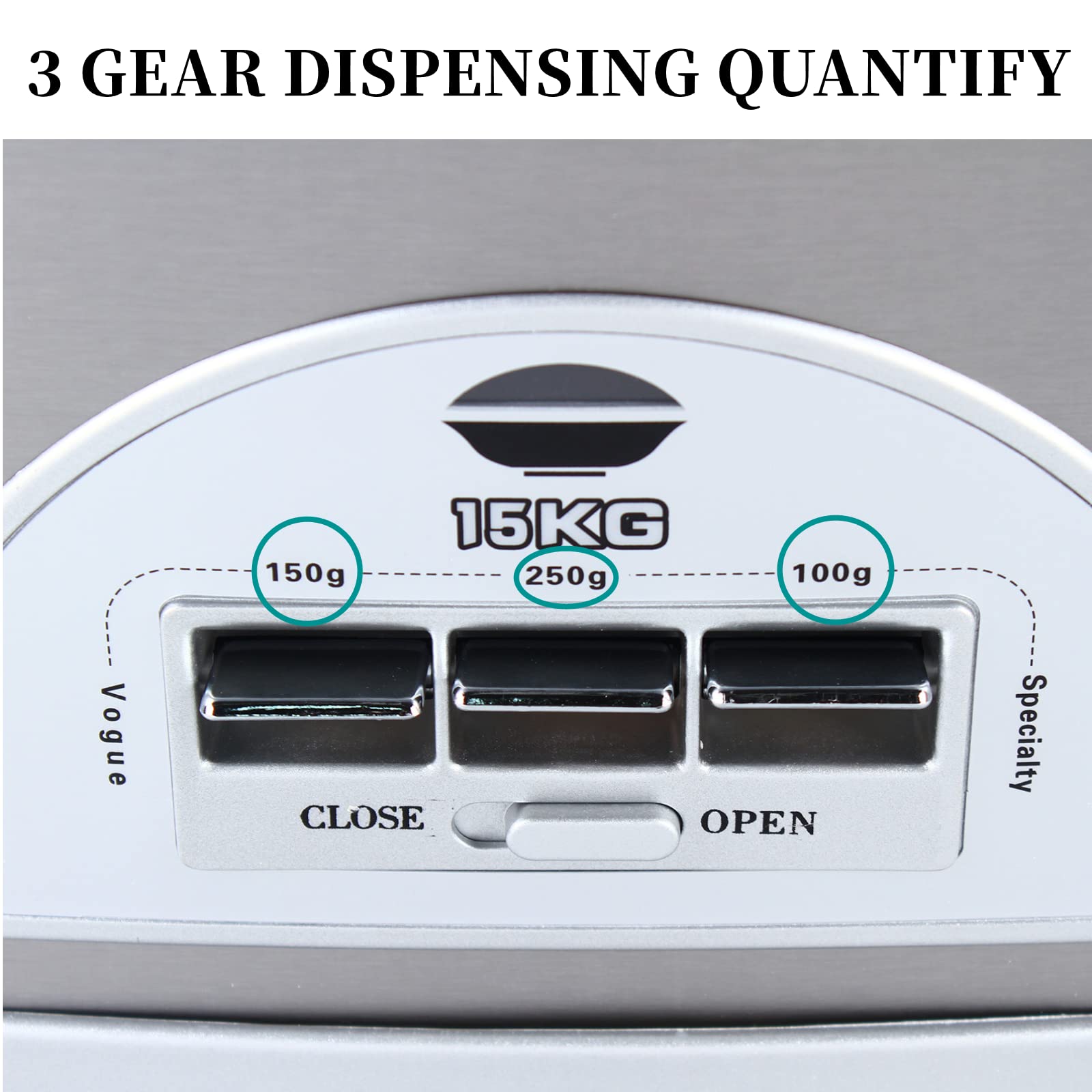LOYALHEARTDY Automatic Rice Dispenser - 15kg/33lb Large Capacity Grain Storage Container with 100g/150g/250g Portion Control - Stainless Steel & ABS for Rice, Beans, Small Grains - Perfect for Kitchen, Pantry & Bulk Food Storage