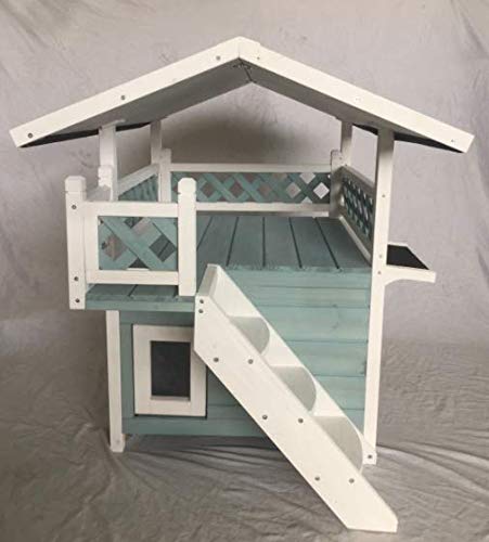 Seny Outdoor Wooden Cat House with Escape Door & Stairs - Blue - Weatherproof & Durable Pet Shelter for Indoor & Outdoor Use - Perfect for Backyard, Garden, or Patio