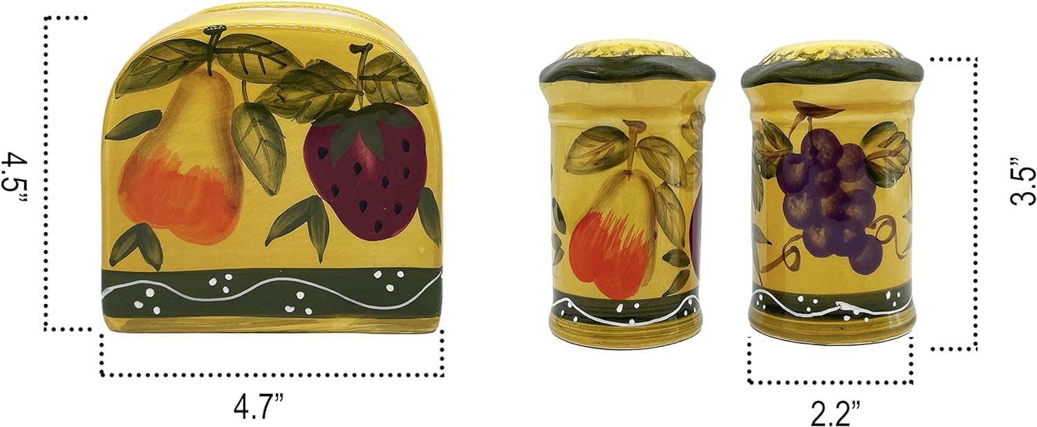 Hand Painted Ceramic Fruit Salt and Pepper Shakers Set with Napkin Holder - Refillable Kitchen Décor for Dining Table, Countertop, and Party Serving