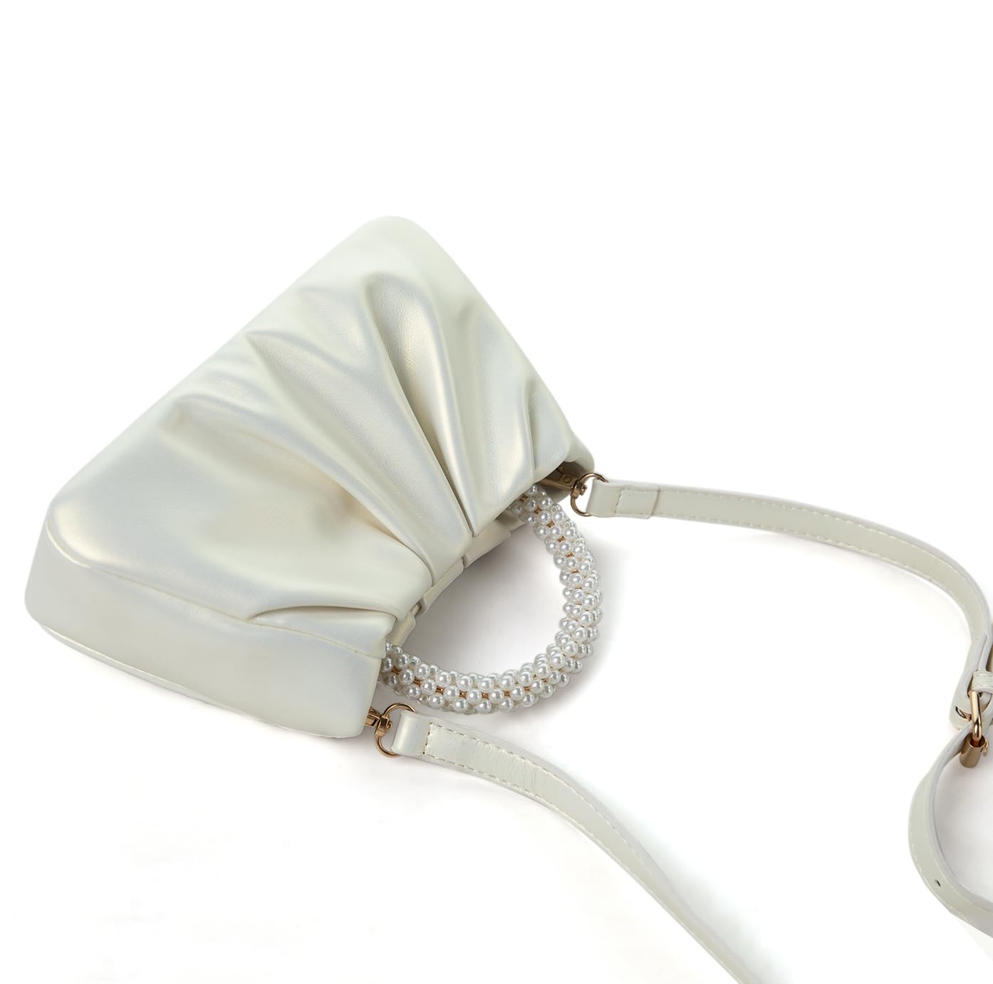 Elegant Pearl Embellished Women's Evening Purse - Soft Leather Ruched Clutch Bag for Wedding, Bridal, Party & Prom - Crossbody Handbag for Special Occasions & Night Out