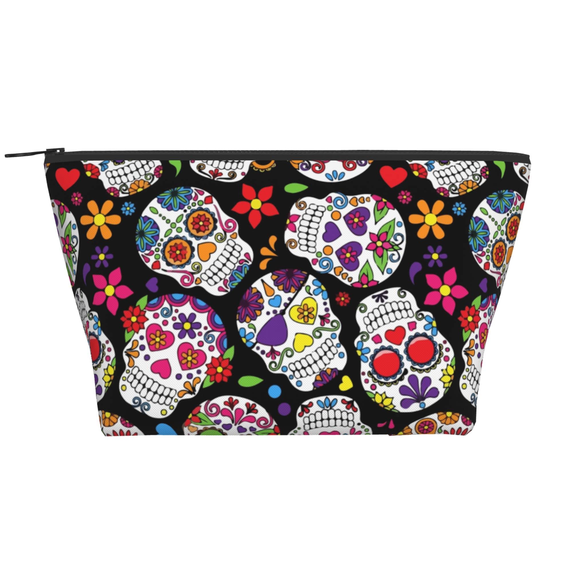 Stylish Waterproof Cosmetic Pouch for Women - Cute Sugar Skull Design Zippered Makeup Bag, Durable Travel Toiletry Organizer for Office, School & Gym Essentials | Perfect for Travel, Daily Use & Gift Giving