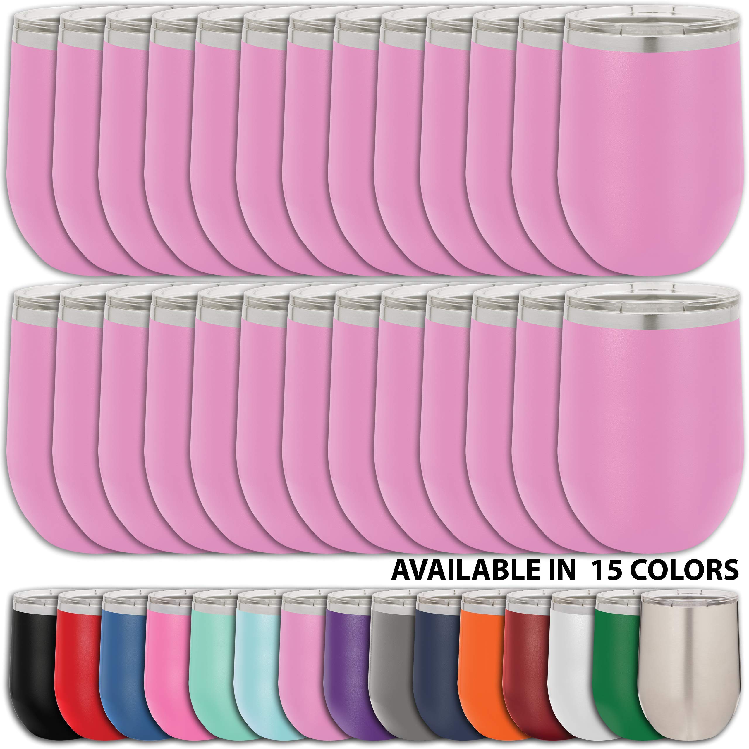 24-Pack 12 oz Stainless Steel Wine Tumblers with Lid - Vacuum Insulated Double Wall Stemless Cups - 18/8 Powder Coated Light Purple - Clear Water Home Goods - Perfect for Parties, Picnics & Outdoor Events
