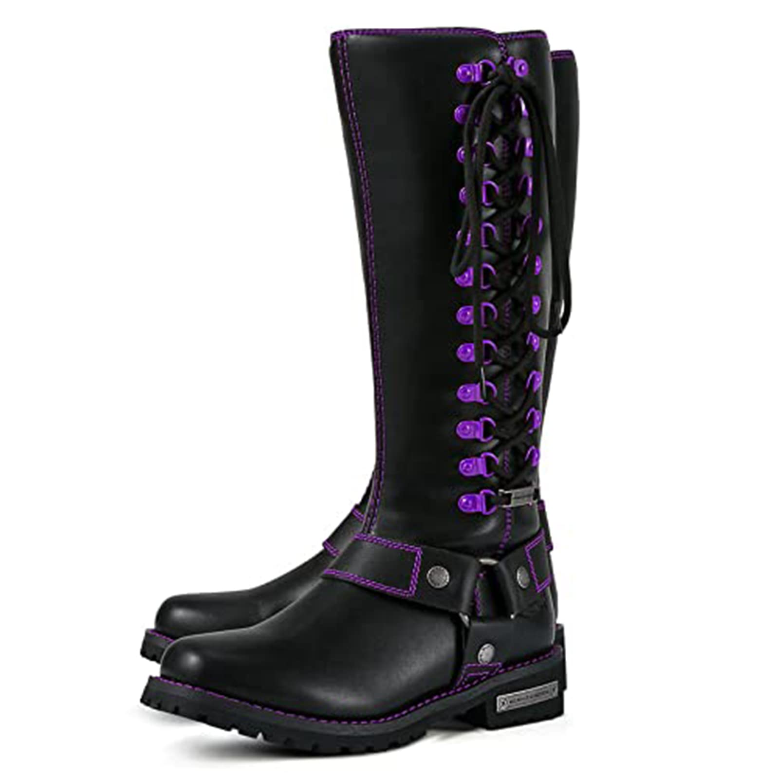 Dream Apparel Women's Motorcycle Riding Boots - Black PU Leather Knee High Biker Boots with Square Toe, Lace Up & Side Zipper | Perfect for Harley Riding, Motorcycle Clubs & Urban Fashion Outfits