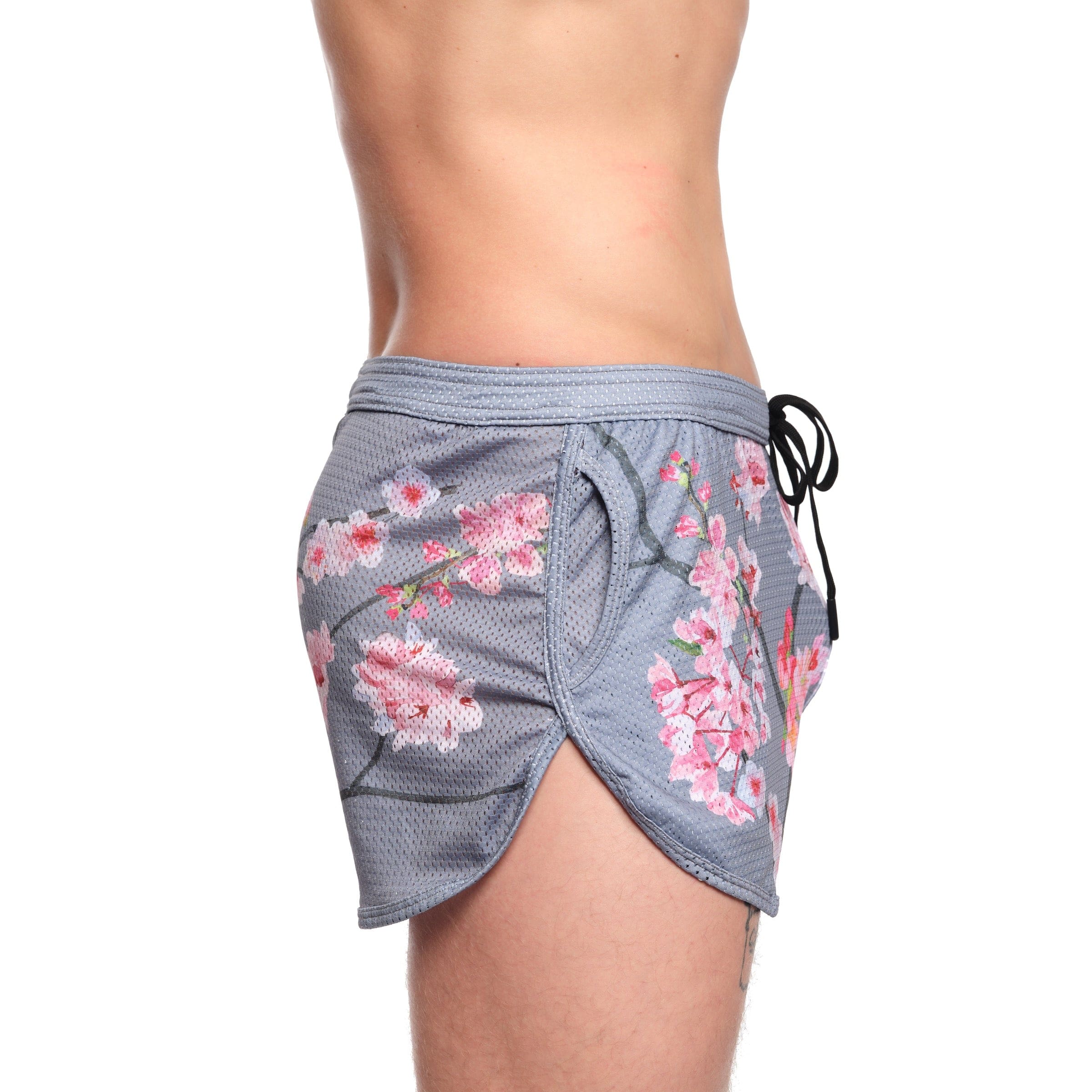 Cherry Blossom Mesh Shorts for Women - Soft Breathable Grey Athletic Shorts with Pockets | Perfect for Running, Yoga & Summer Workouts