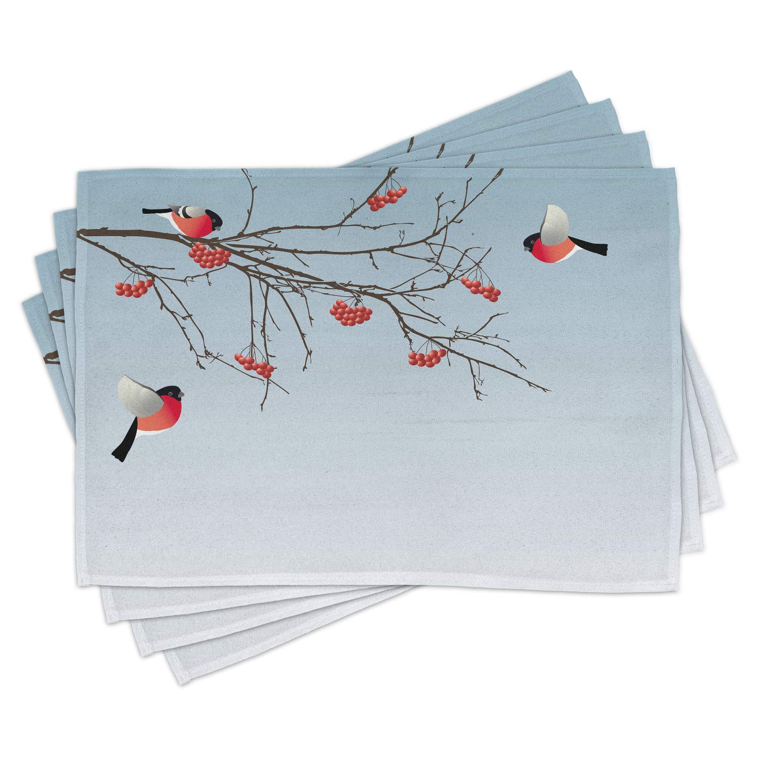 Ambesonne Rowan Place Mats Set of 4 - Winter Themed Bullfinch Birds Flying on Branches Design, Washable Fabric Placemats for Dining Table & Kitchen Decor in Pale Blue Coral Dark Brown | Perfect for Holiday Dinners, Christmas Decorations & Cozy Winter Gatherings
