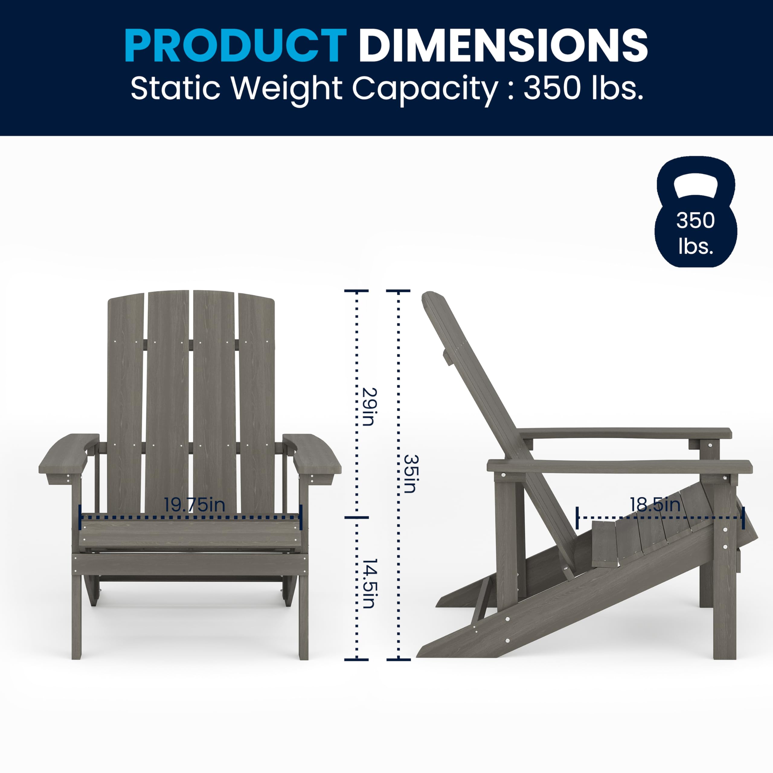 Merrick Lane Riviera Adirondack Patio Chairs - Weather-Resistant Gray Outdoor Lounge Chairs with Vertical Back & Wide Arms - Comfortable Slanted Seat Design - Perfect for Poolside, Garden, Deck, and Patio Relaxation