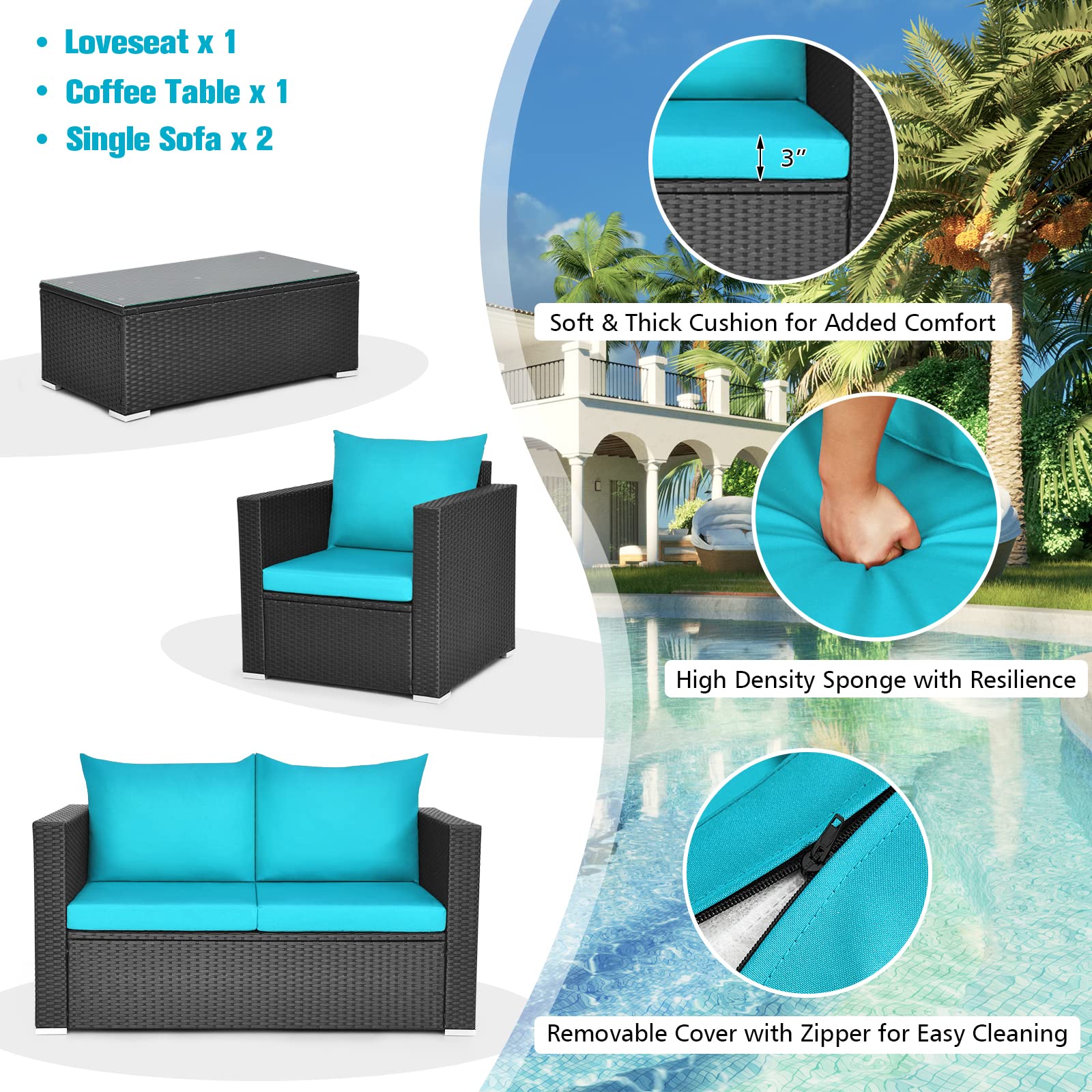 Tangkula 4-Piece Outdoor Patio Furniture Set - Rattan Wicker Sofa Sectional with Cushions & Tempered Glass Coffee Table - Turquoise Conversation Set for Garden, Backyard, Poolside & Courtyard Relaxation