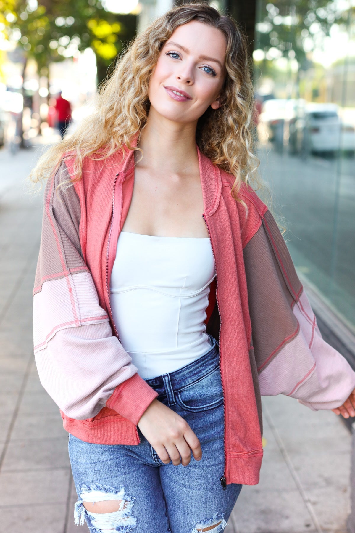 Boldy You Women's Camel Dolman Sleeve Colorblock Knit Bomber Jacket | Cozy Fall Outerwear for Casual Outings & Street Style Fashion