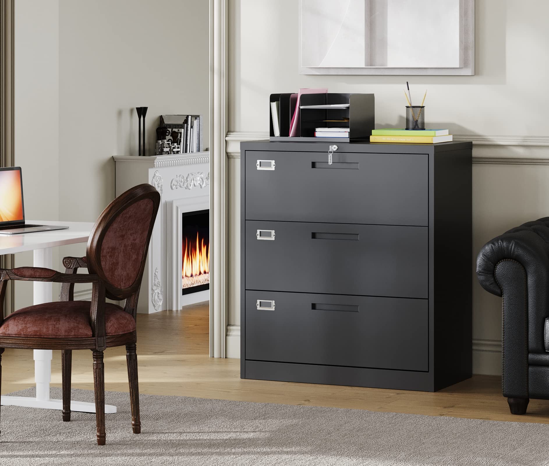 MIIIKO 3-Drawer Lateral File Cabinet with Lock - Metal Storage Cabinet for Letter, Legal, F4 & A4 Hanging Files - Secure Office Organization for Documents, Contracts & Records - Perfect for Home Office, Business & Professional Workspaces