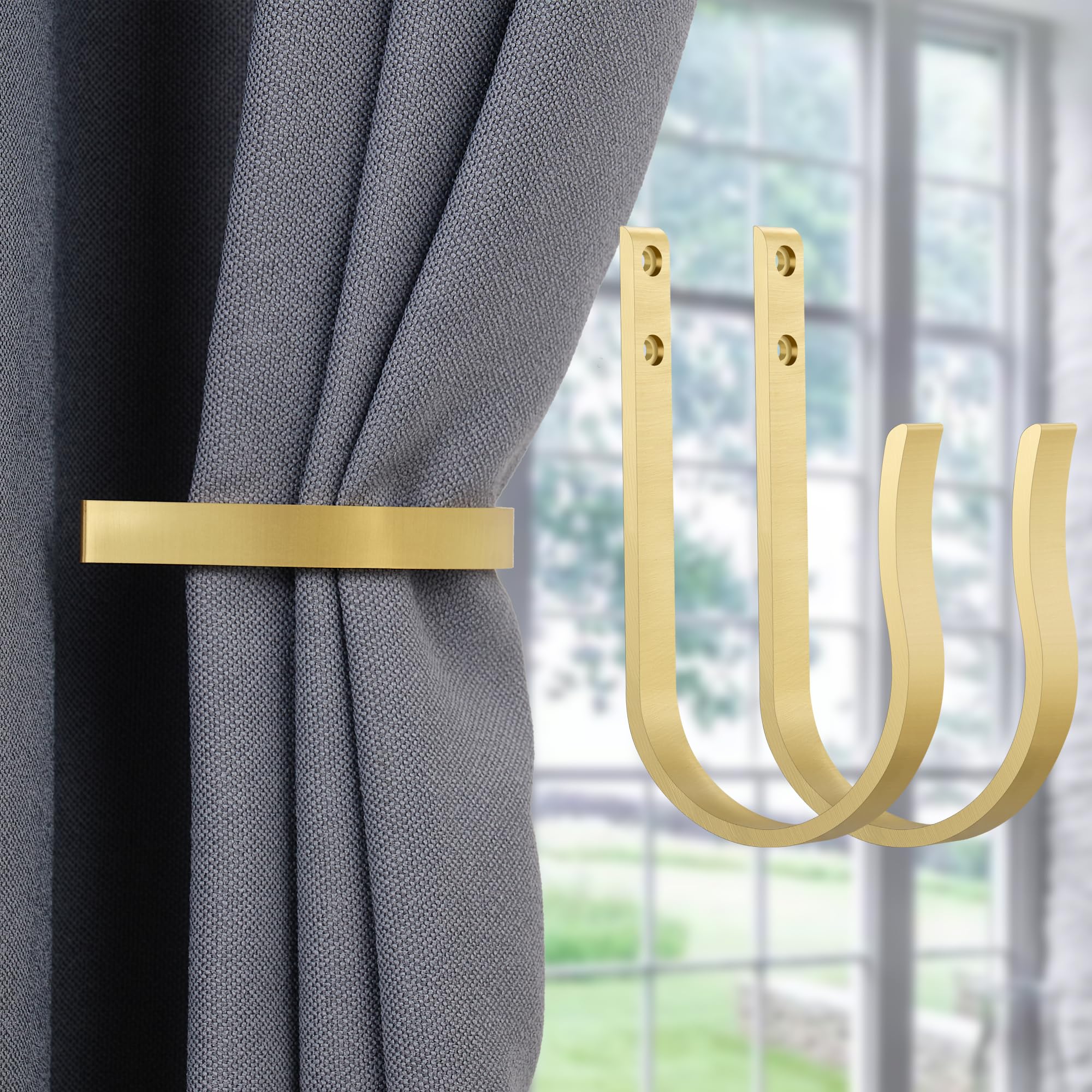 2Pcs Solid Brass U-Shaped Curtain Tiebacks - Heavy Duty Wall Mounted Drapery Holdbacks for Living Room, Bedroom & Windows (Gold Finish) - Perfect for Home Decor & Interior Design