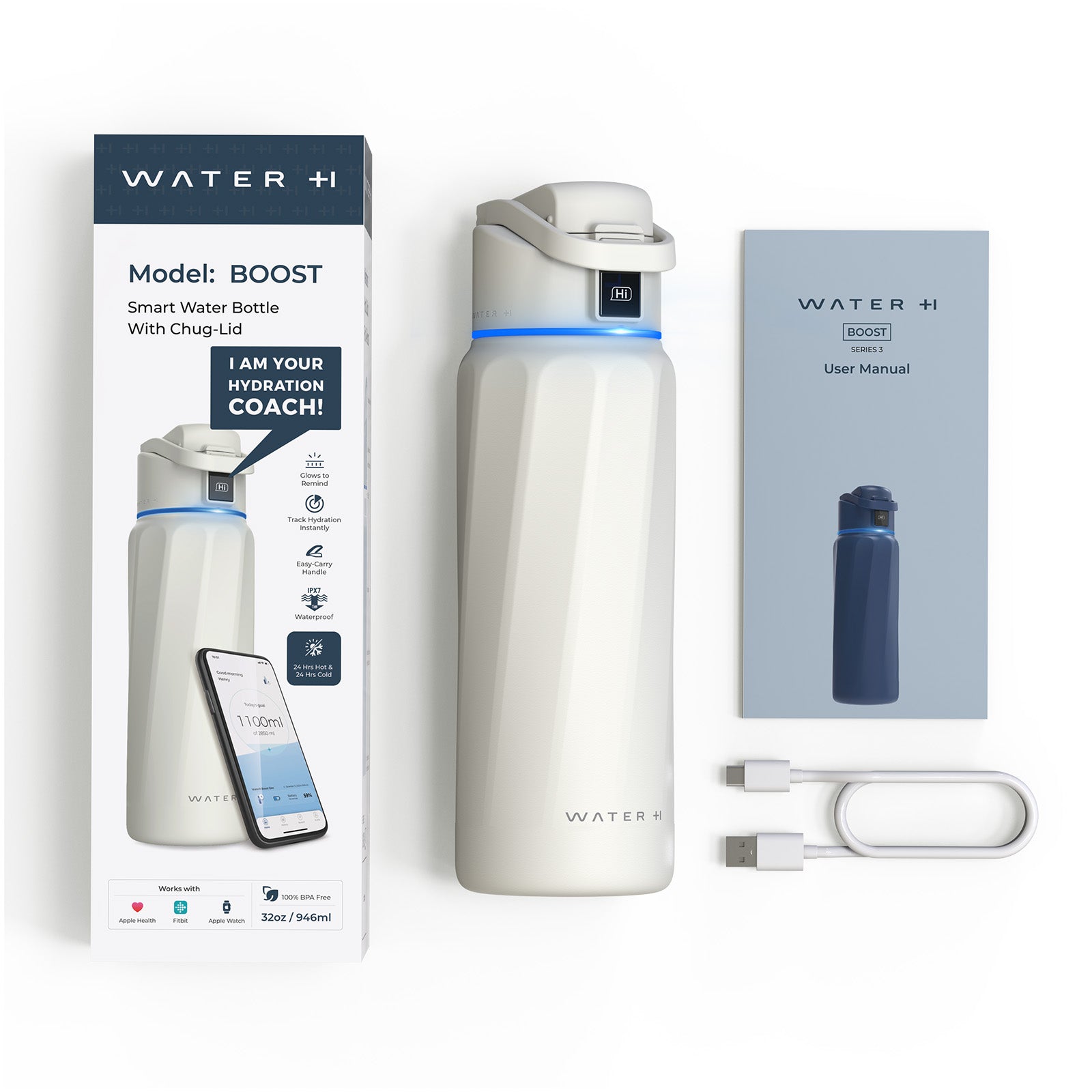 Boost White 32oz Smart Water Bottle with Hydration Tracking - Leak Proof Insulated Stainless Steel Thermos for Gym, Hiking & Work (BPA Free)