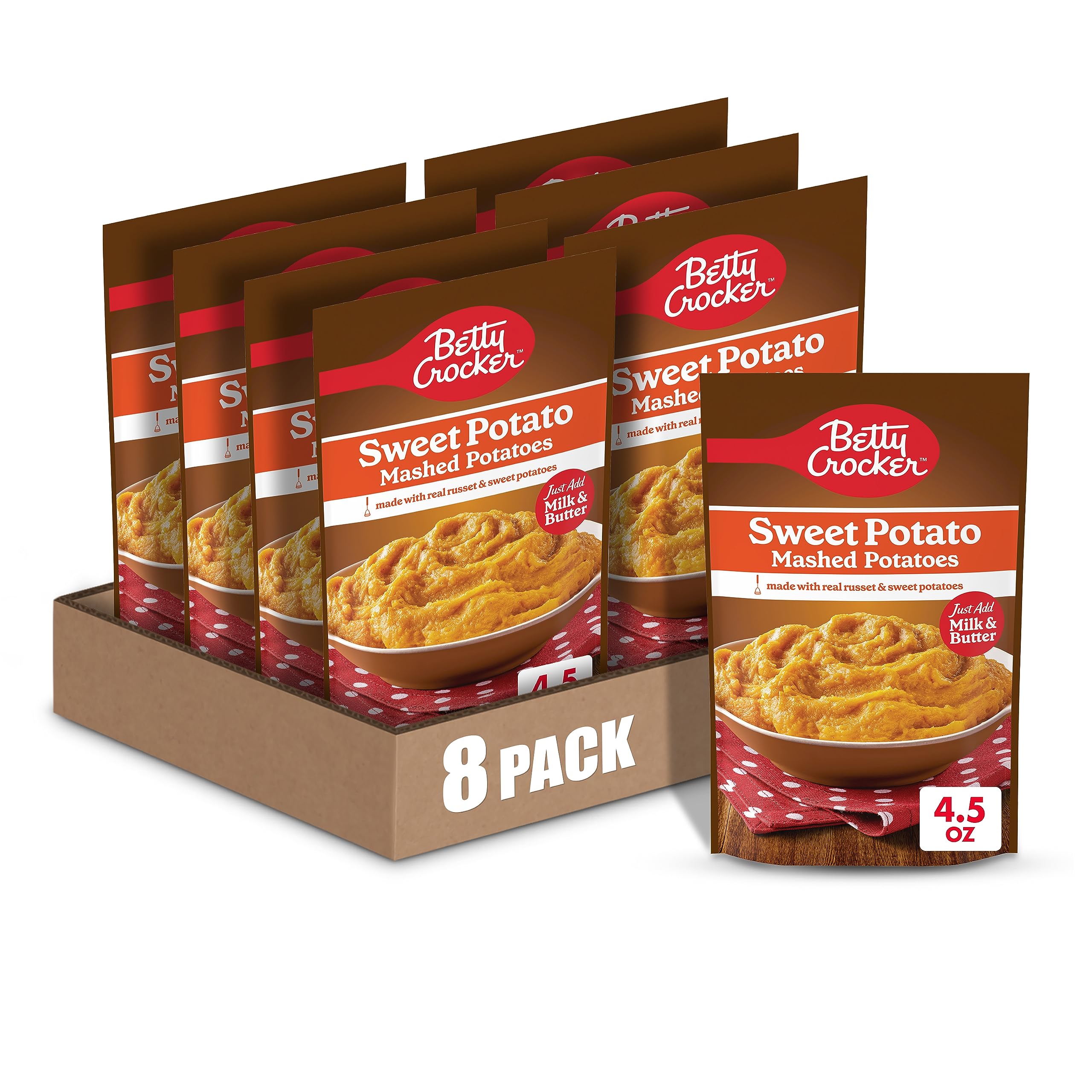 Betty Crocker Instant Sweet Potato Mashed Potatoes - 4.5 oz Pack of 8 | Quick & Easy Side Dish for Thanksgiving, Holiday Meals & Family Dinners