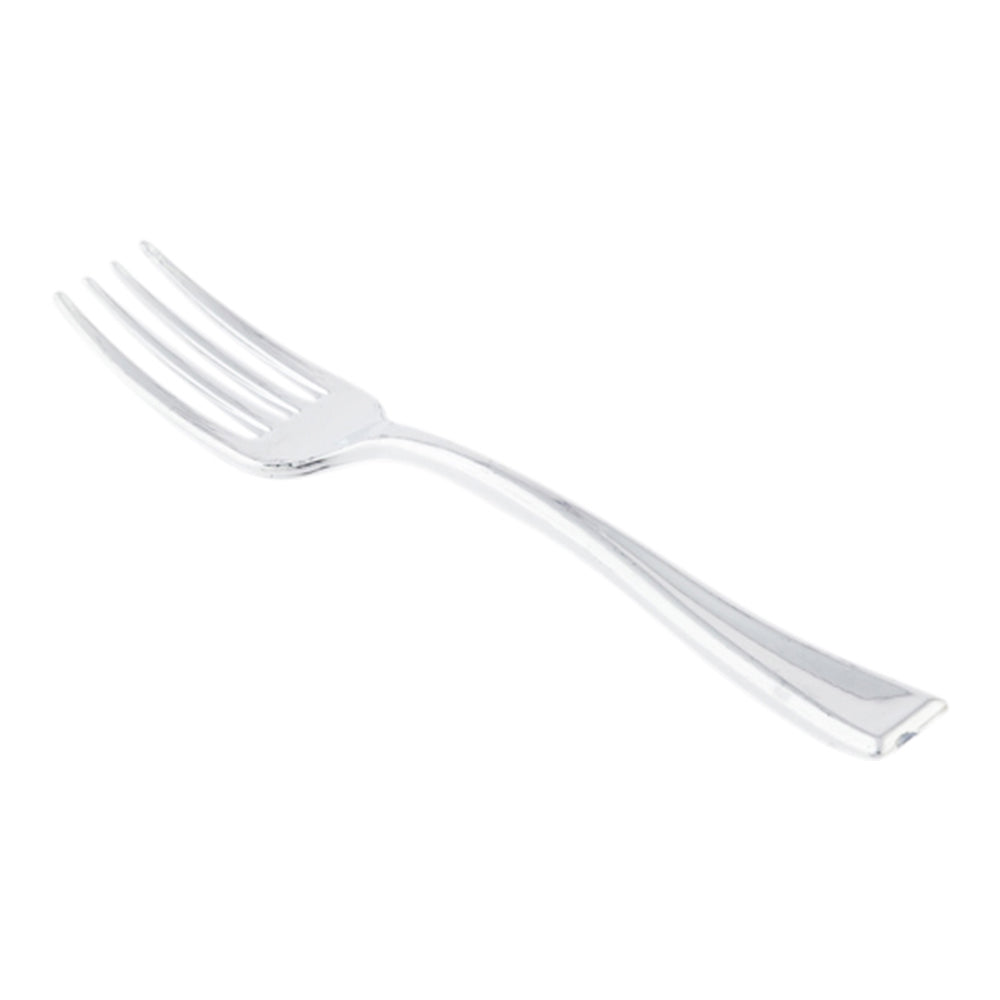 100-Pack 4 oz White Plastic Mini Crescendo Cups & 100 Silver Plastic Mini Forks - Perfect for Parties, Weddings, and Catering Events