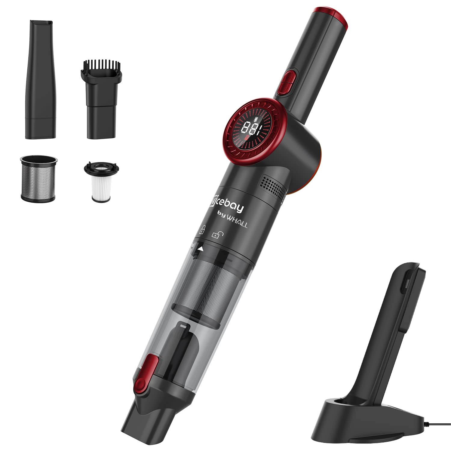 Nicebay Cordless Handheld Vacuum Cleaner - 15KPA Powerful Suction, Rechargeable & Lightweight, LED Display Mini Vacuum for Car & Home - Fast Charging Dock Included - Perfect for Pet Hair, Car Seats, Stairs & Small Spaces