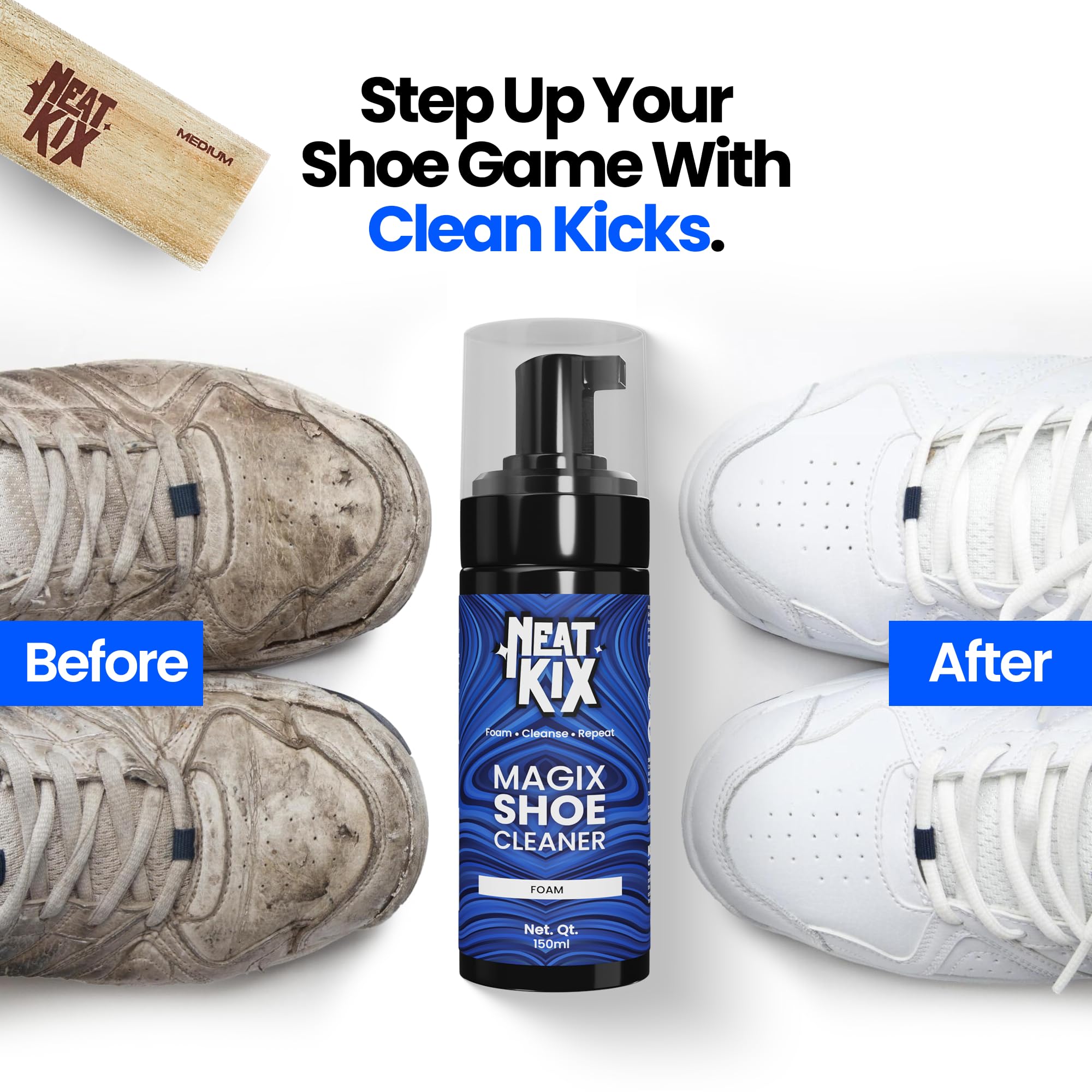 NEATKIX Instant Shoe Cleaner Foam - 150ML Sneaker Cleaning Kit for Sports, Leather, Canvas & Suede | Quick & Easy Shoe Care Solution | Perfect for Gym, Work & Everyday Wear | Removes Stains & Restores White Shoes