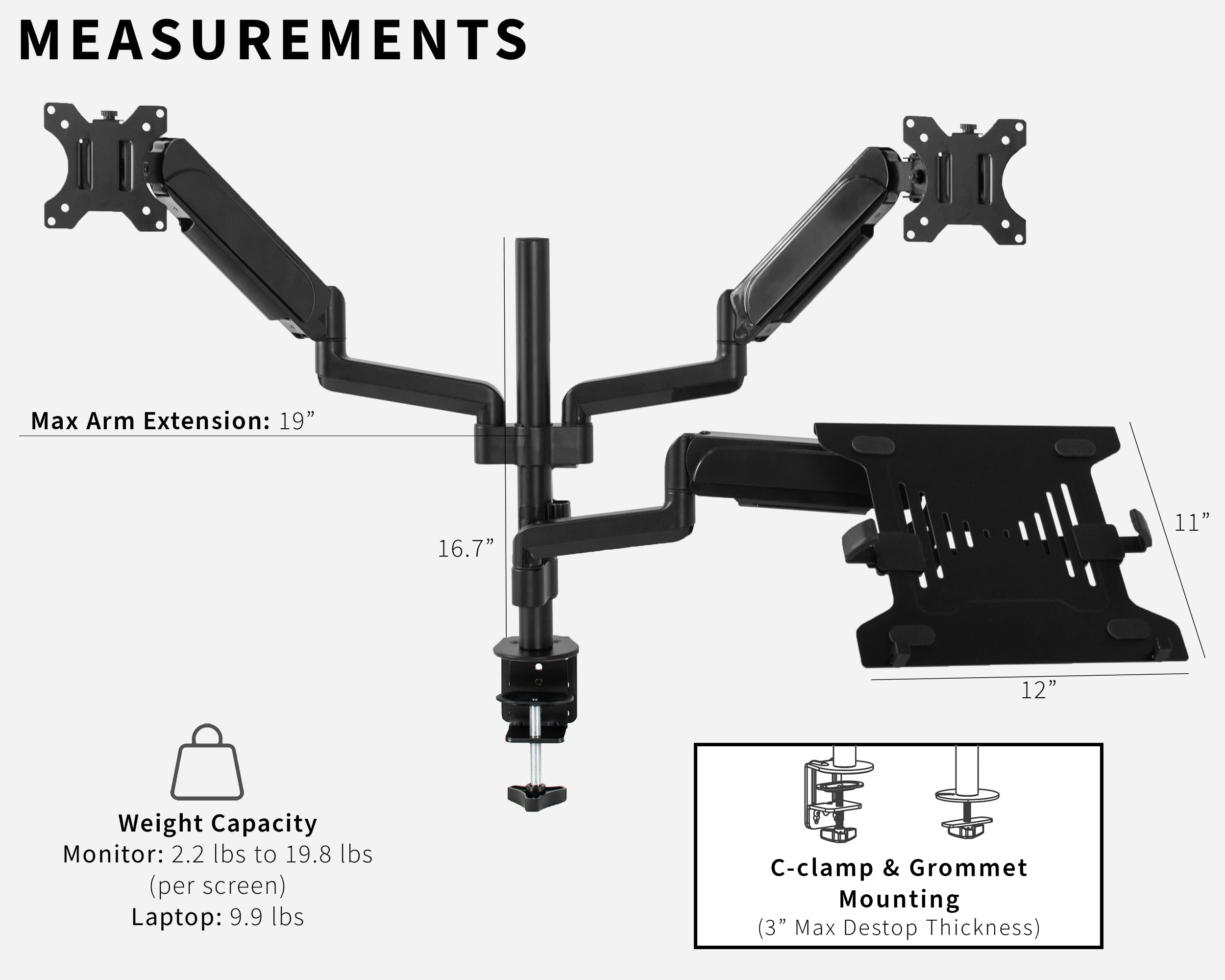 VIVO Dual Monitor and Laptop Mount Stand - Adjustable Pneumatic Arm for 17 to 32 inch Screens & 10 to 15.6 inch Notebooks, Includes Laptop Tray, C-Clamp and Grommet Base - Perfect for Home Office, Gaming Setup and Workspace Organization (Black, STAND-V003KL)