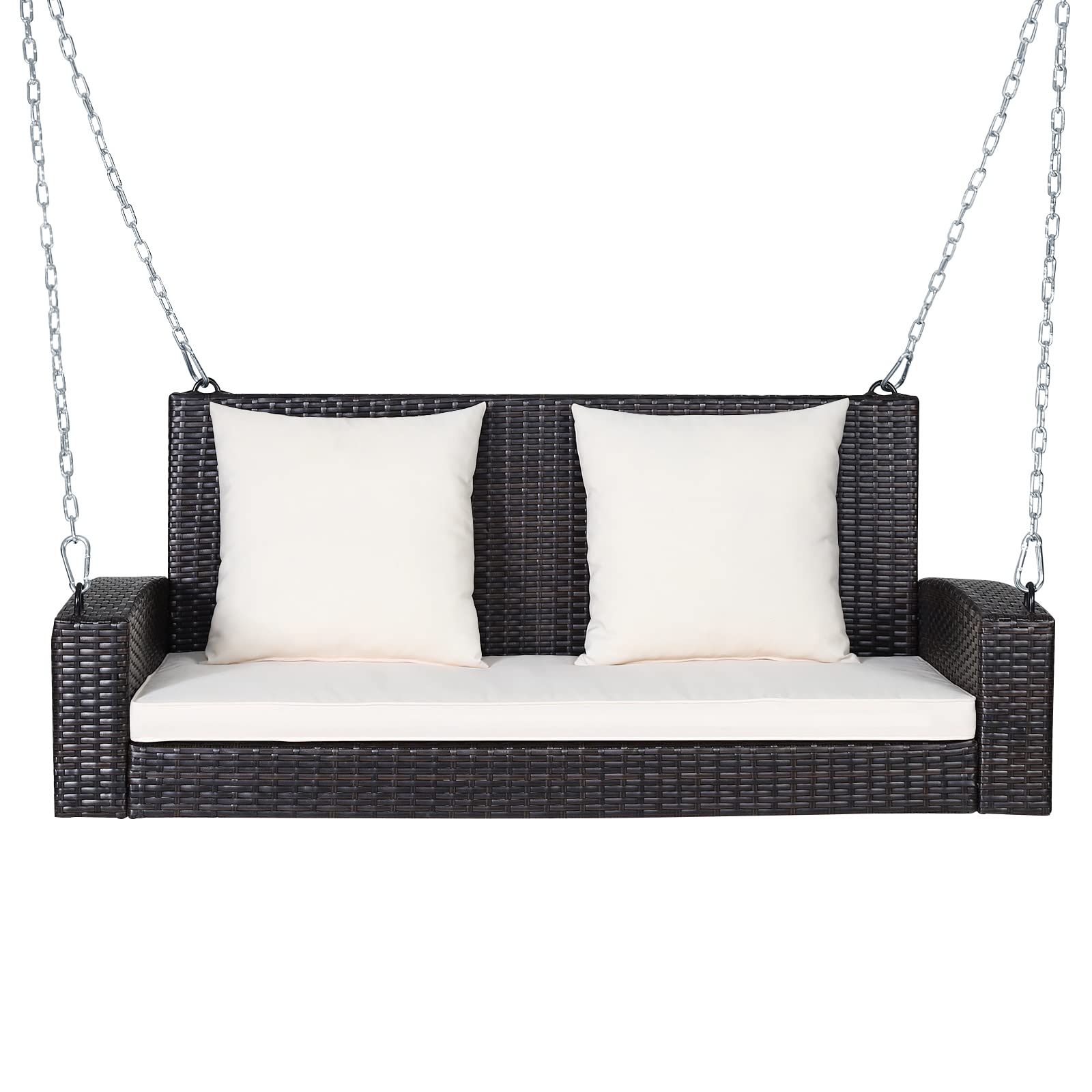 RELAX4LIFE 2-Person Outdoor Porch Swing - Rattan Wicker Hanging Chair with 7.9ft Steel Chains & Cushions - Beige Patio Swing for Front Porch, Garden, Backyard, Deck - Perfect for Relaxing, Reading & Enjoying Nature