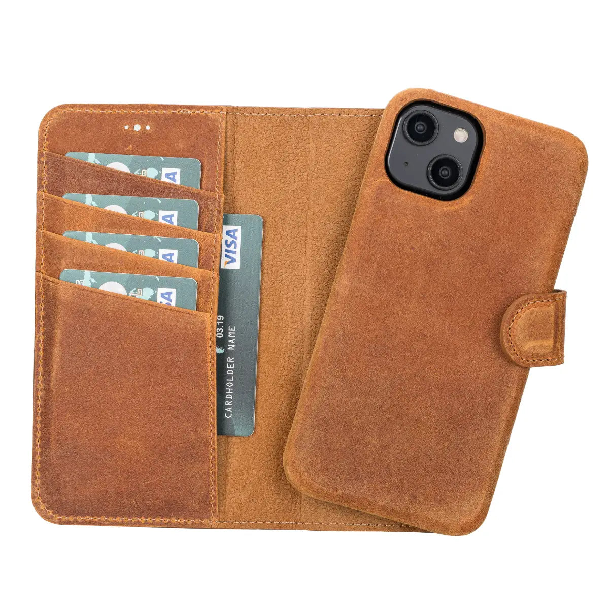 Premium Genuine Camel Brown Leather Wallet Case for iPhone 14 - Slim RFID Blocking Card Holder & Phone Cover (Perfect for Travel, Business & Everyday Use)