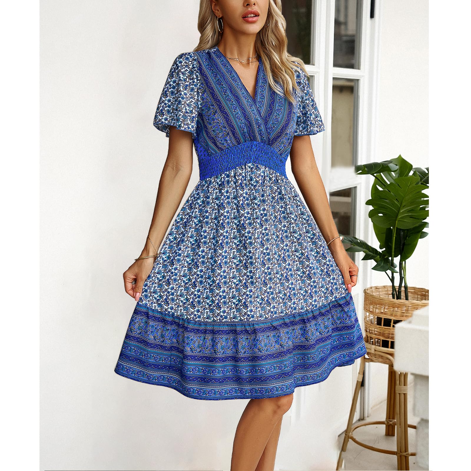 AILLOSA Women's Floral Boho Dress - V Neck Short Sleeve A-Line Midi Dress for Summer, Beach, Vacation & Casual Wear