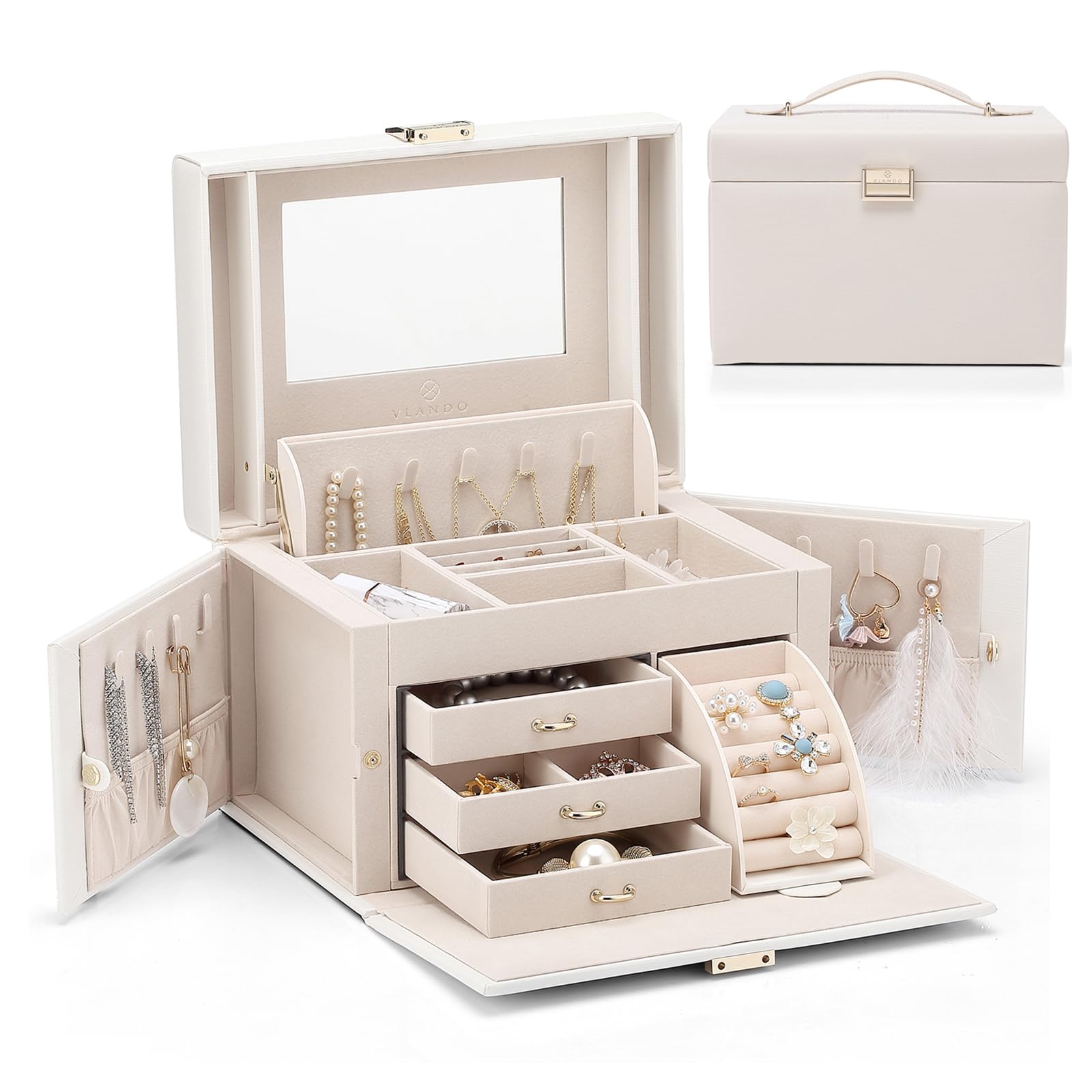 Vlando Leather Jewelry Box Organizer - Mirror Jewelry Storage Case for Necklaces, Earrings, Rings & Bracelets - Pearl White Jewelry Holder for Travel, Gift & Vanity Organization