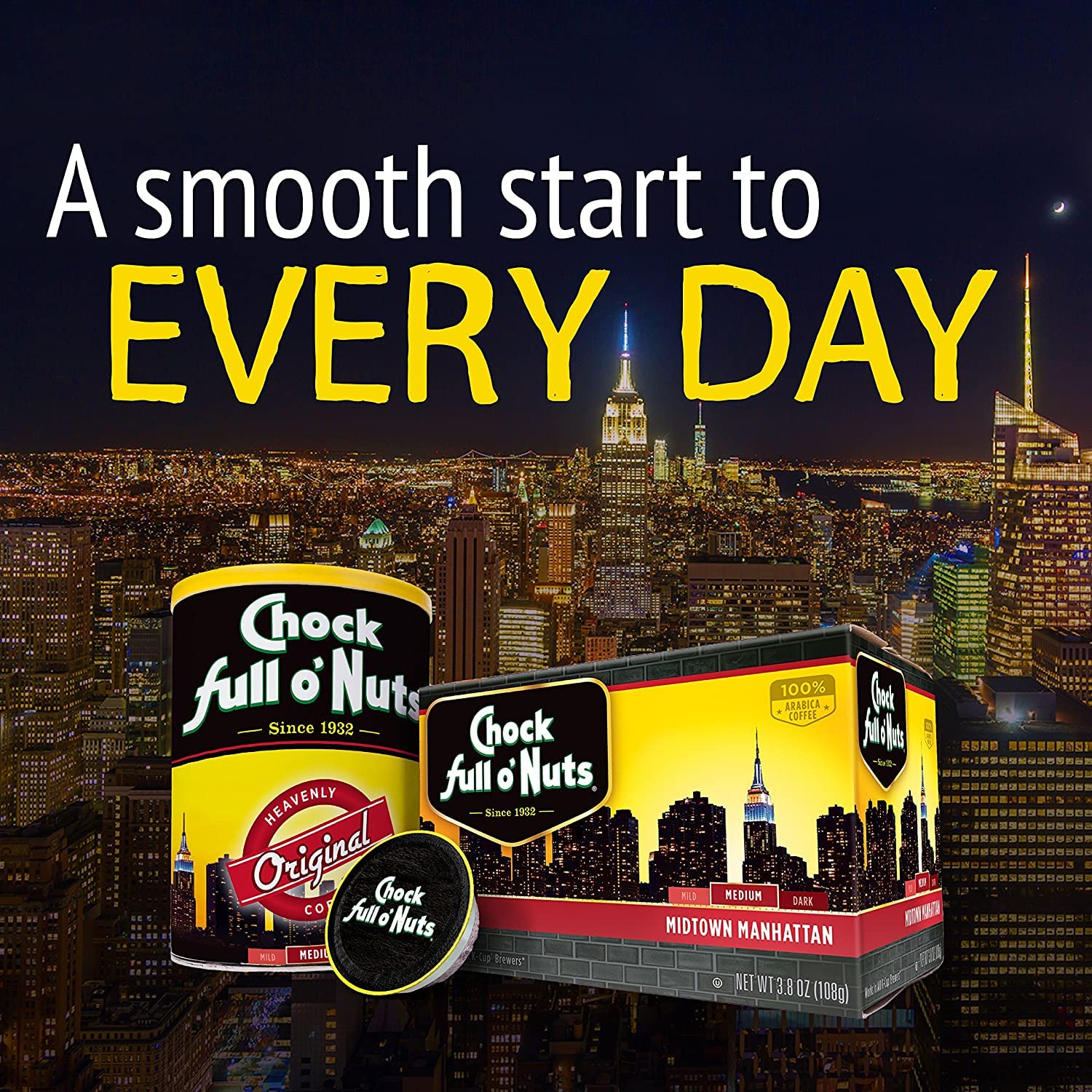 Chock Full o'Nuts Midtown Decaf Coffee Pods - 6 Single Serve Cups Case | Perfect for Office, Home & Travel Use