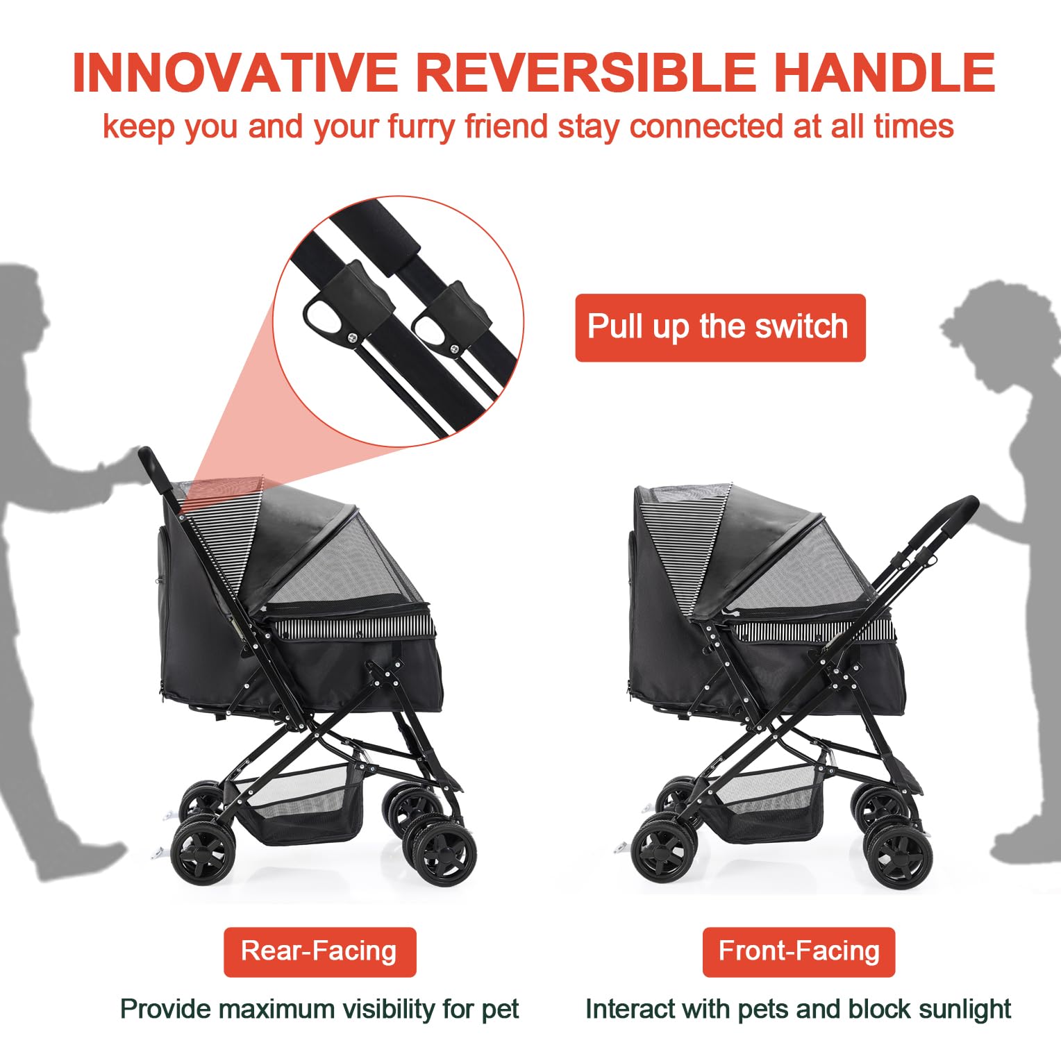 **Foldable Dog Stroller for Large & Medium Dogs & Cats - Reversible Handle, Large Storage Basket - Perfect for Travel, Walks & Vet Visits (Black)**