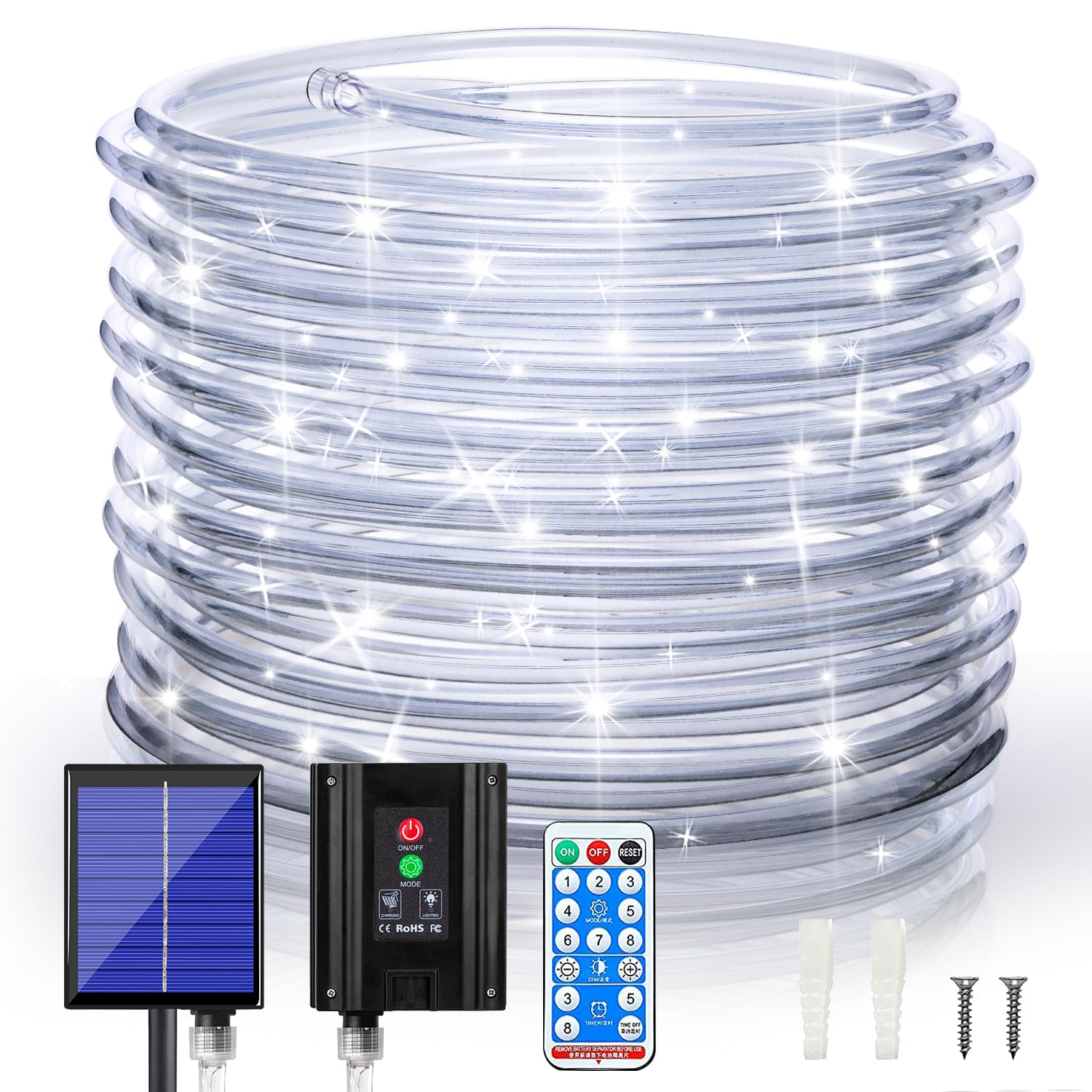 66ft 200LED Solar Rope Lights Outdoor Waterproof - 8 Modes Dimmable with Timer Remote Control - 3.7V/1200mAh Solar Powered String Lights for Garden, Patio, Yard, Pathway and Party Decor (White)