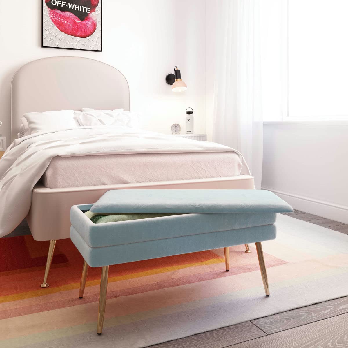 Tov Furniture Ziva Storage Bench - Upholstered Seat with Hidden Storage, Modern Entryway Bench in Sea Blue - Perfect for Living Room, Bedroom, or Hallway Organization