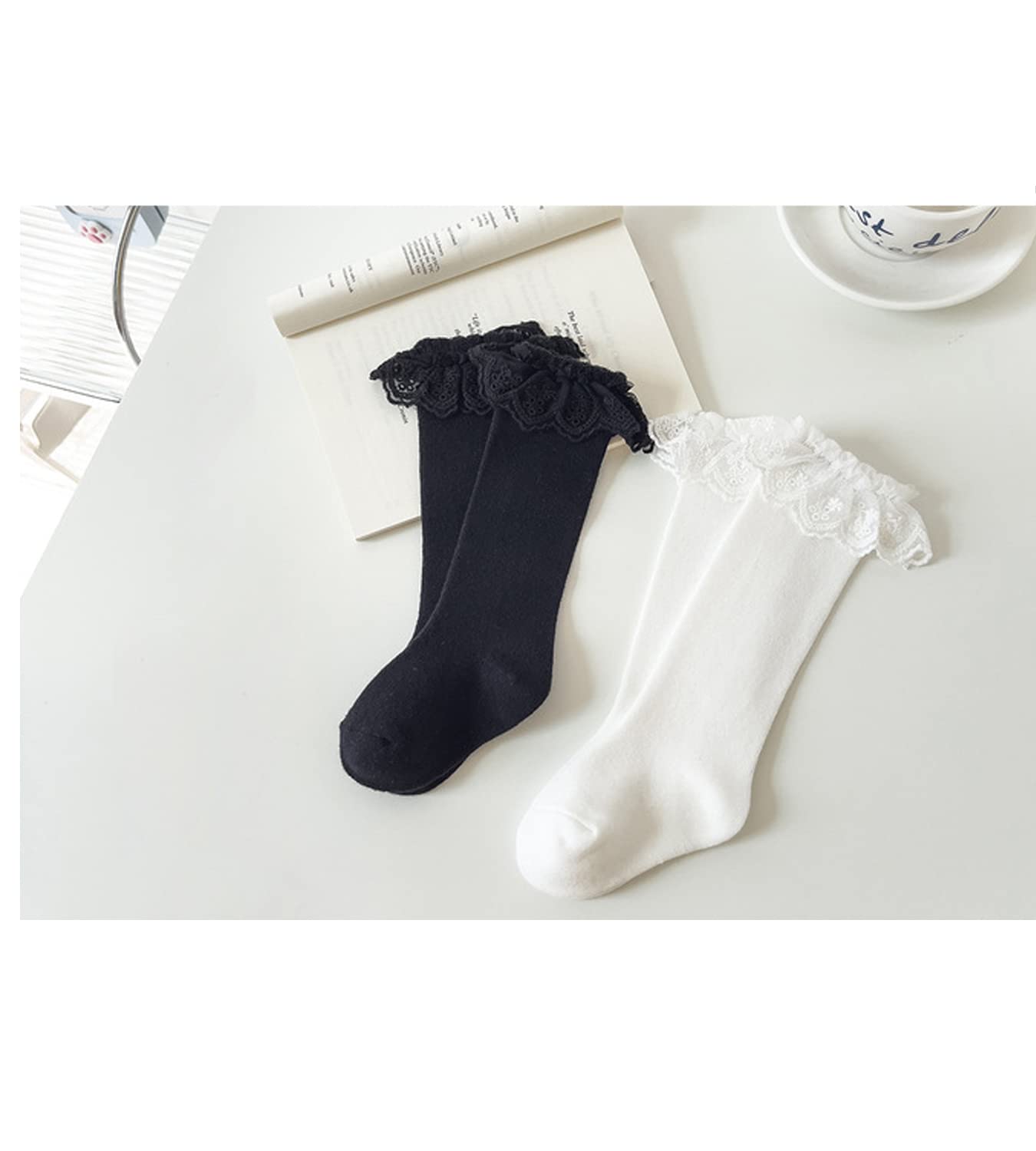 Deeorla Baby Toddler Girl Cotton Knee High Socks - Princess Lace Ruffled Stockings for Infants - Long Frilly Dress Socks for Parties & Special Occasions