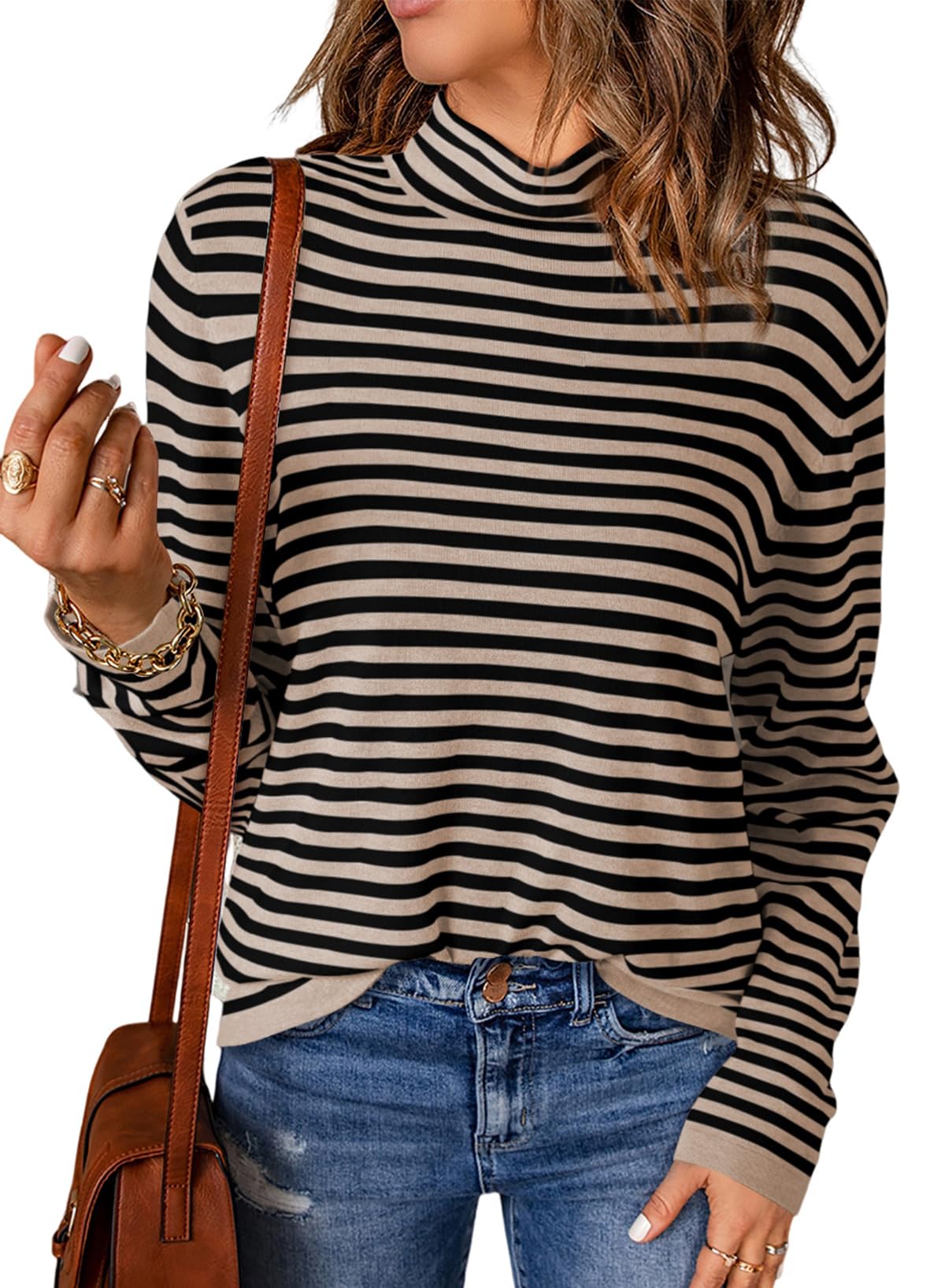 Dokotoo Women's Lightweight Striped Turtleneck Sweater - 2025 Fashion Long Sleeve Pullover Top for Casual Wear, Office & Fall Layering