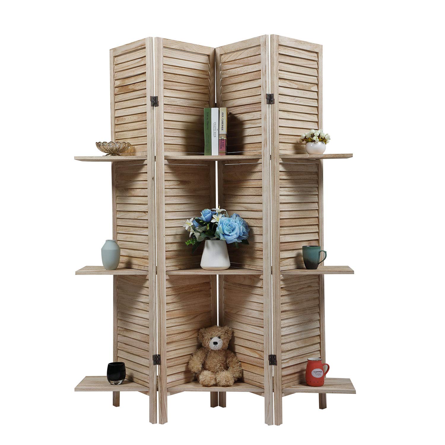 4-Panel Sycamore Wood Folding Room Divider - 5.3 ft Portable Privacy Screen with Shelving Board | Light Burn Finish | Perfect for Home Office, Bedroom Separation & Living Room Decor